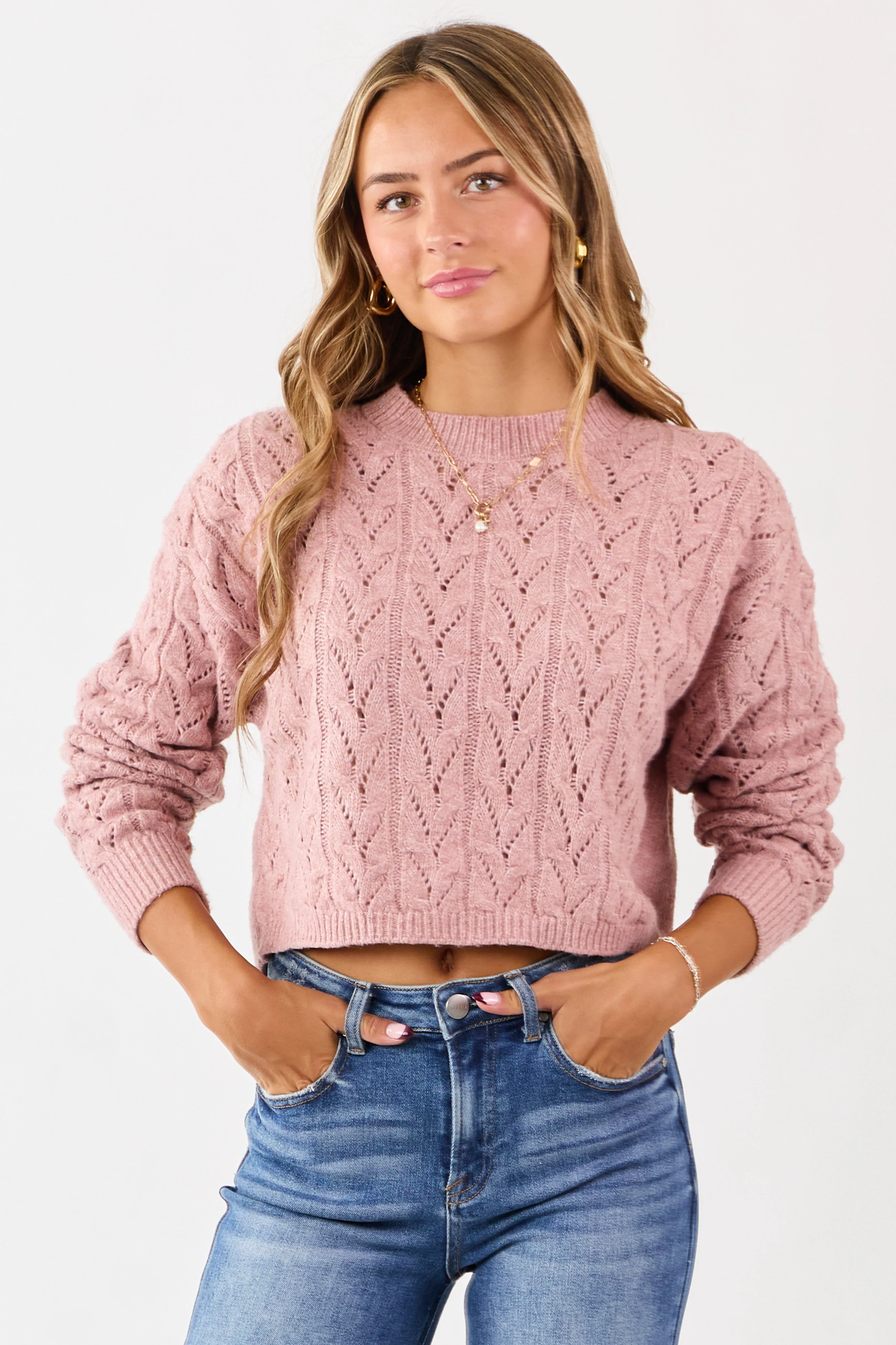 Dusty Rose Cable Knit Boxy Pointelle Sweater sold by Lime Lush