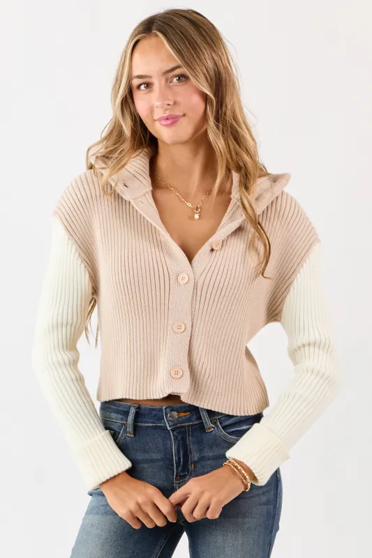 Champagne and Cream Contrast Sleeve Sweater Cardigan sold by Lime Lush