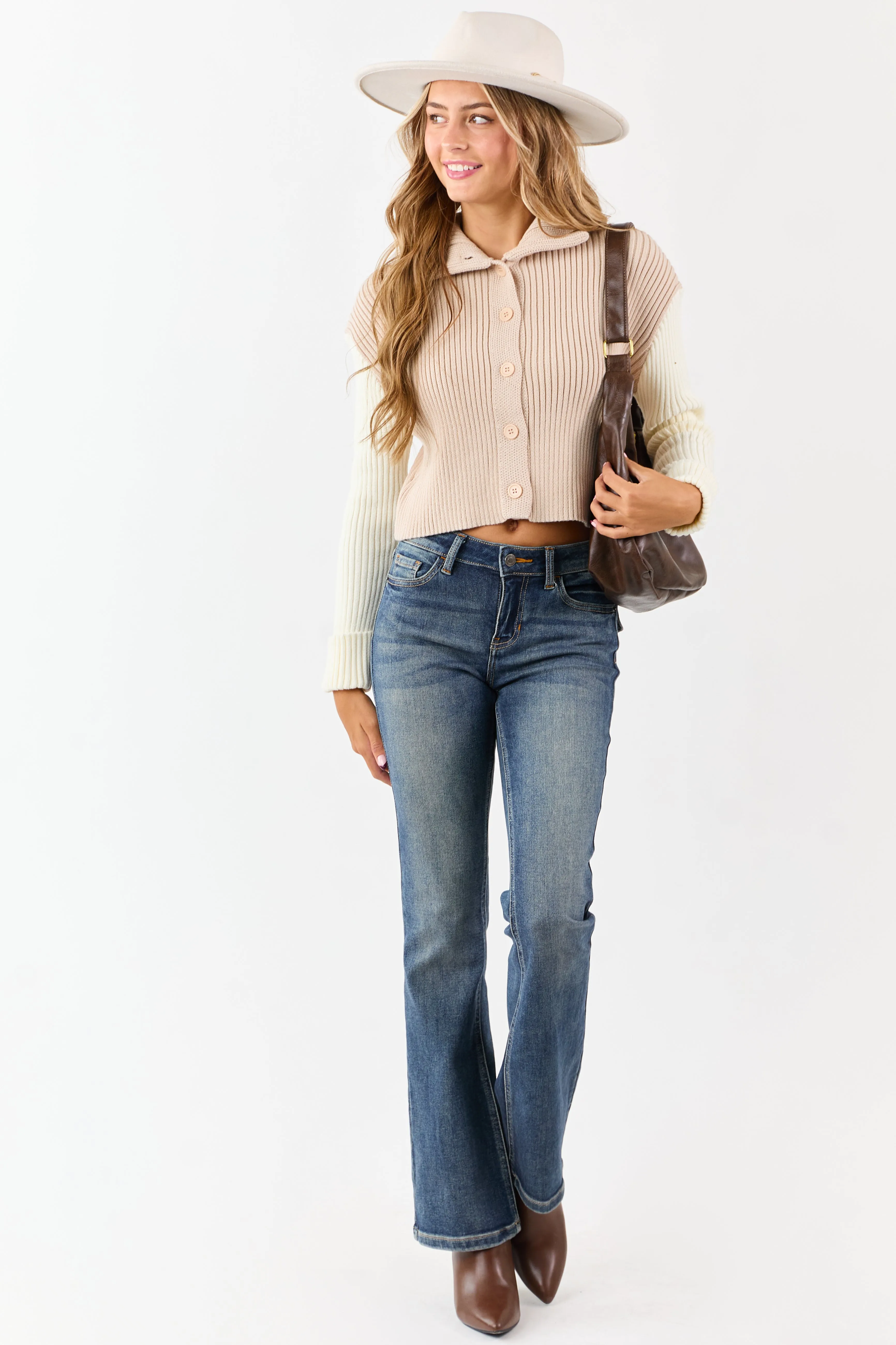 Champagne and Cream Contrast Sleeve Sweater Cardigan sold by Lime Lush product image thumbnail 4