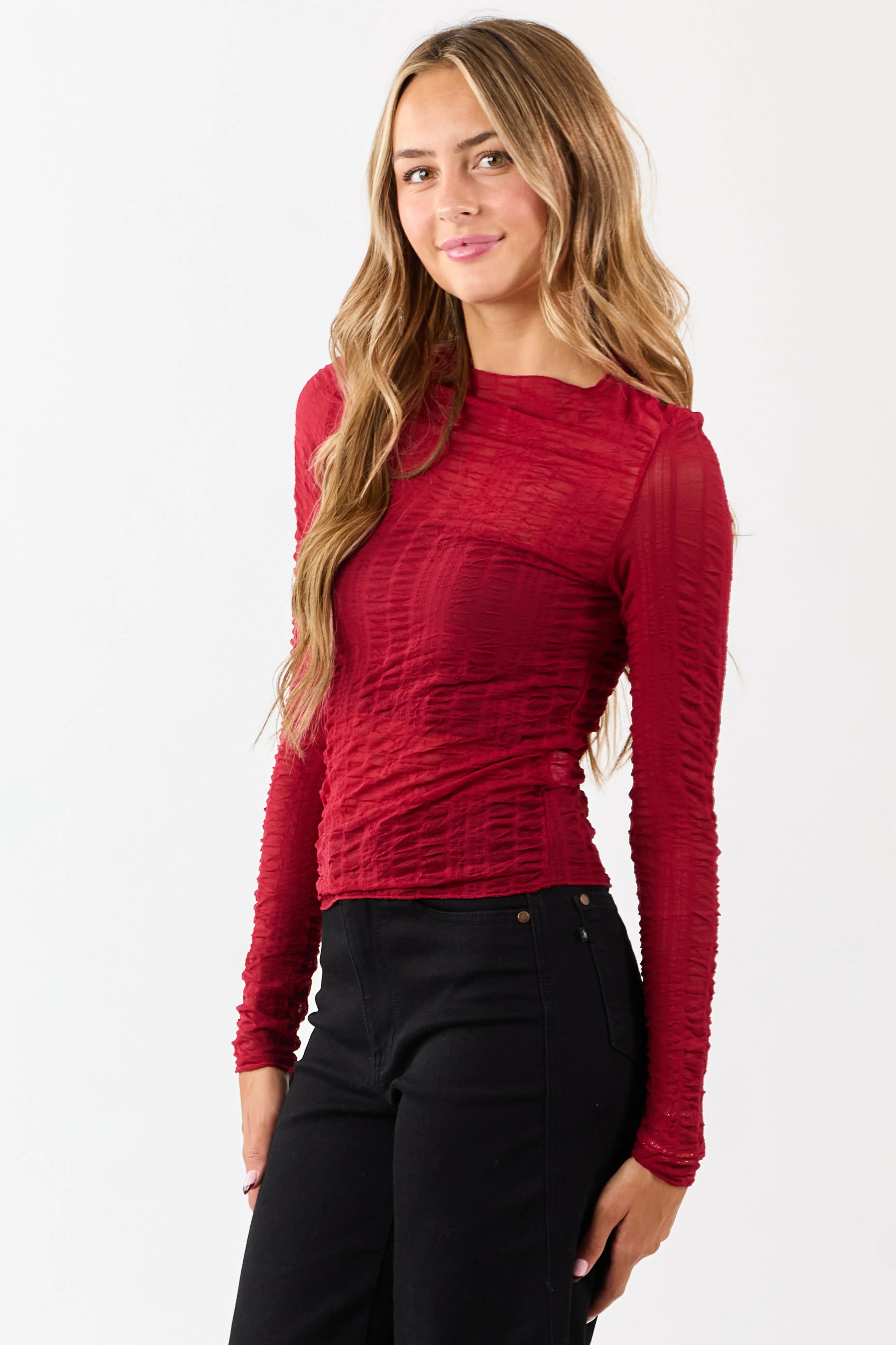 Cranberry Sheer Mesh Textured Long Sleeve Top sold by Lime Lush product image thumbnail 4