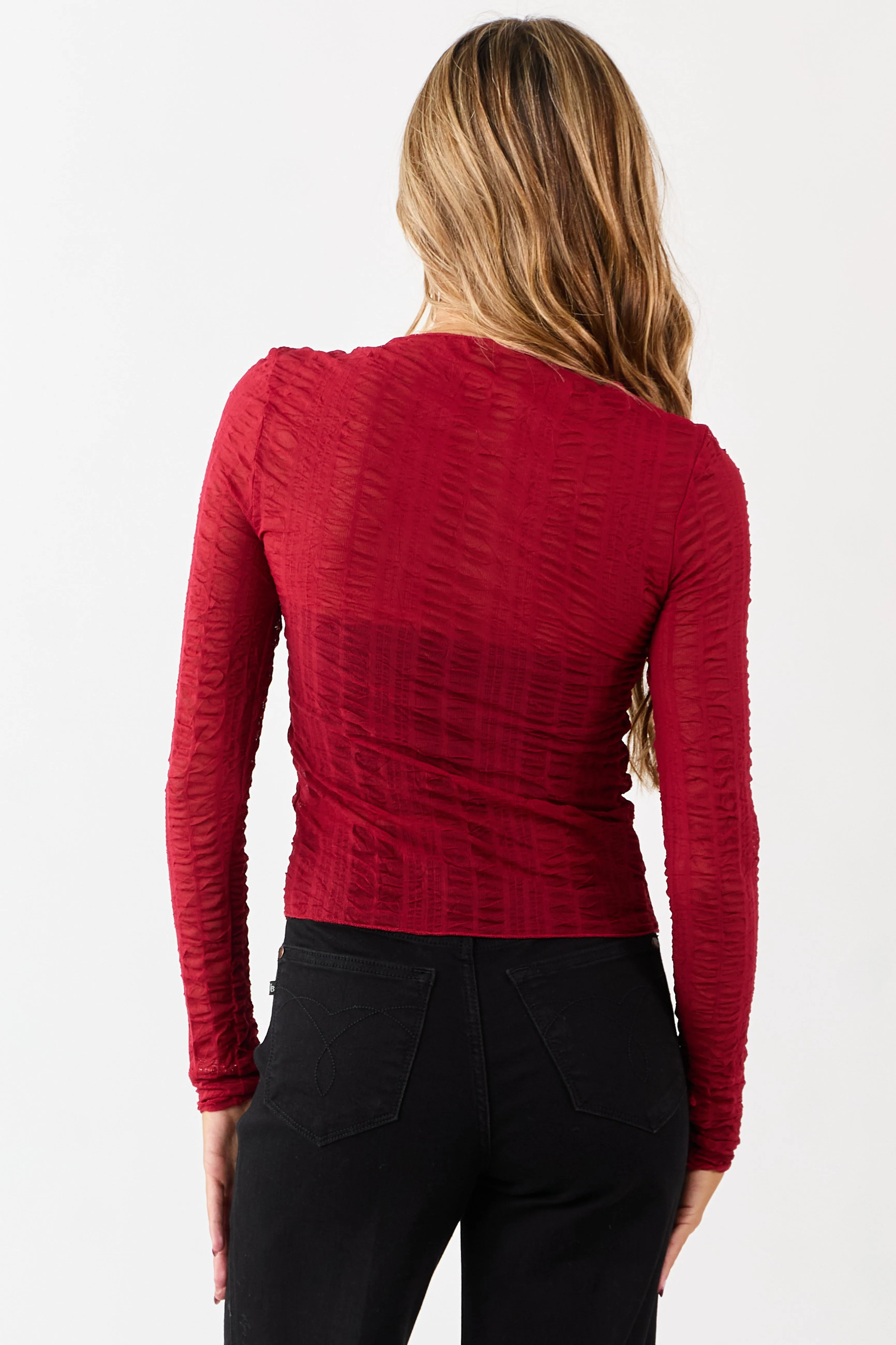 Cranberry Sheer Mesh Textured Long Sleeve Top sold by Lime Lush product image thumbnail 5