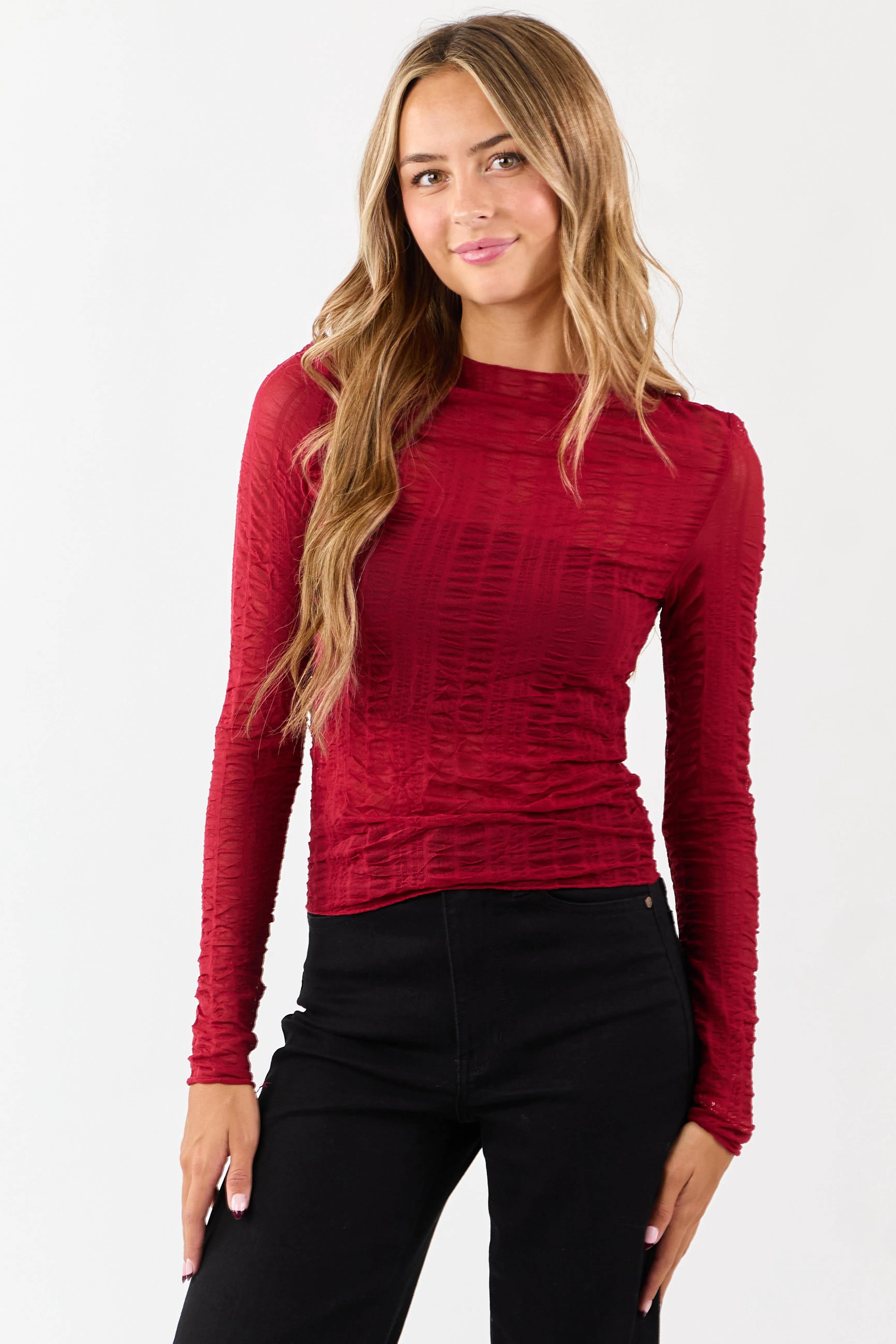 Cranberry Sheer Mesh Textured Long Sleeve Top sold by Lime Lush