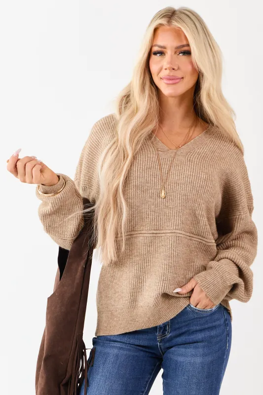 Camel Hooded Relaxed Rib Knit Sweater sold by Lime Lush
