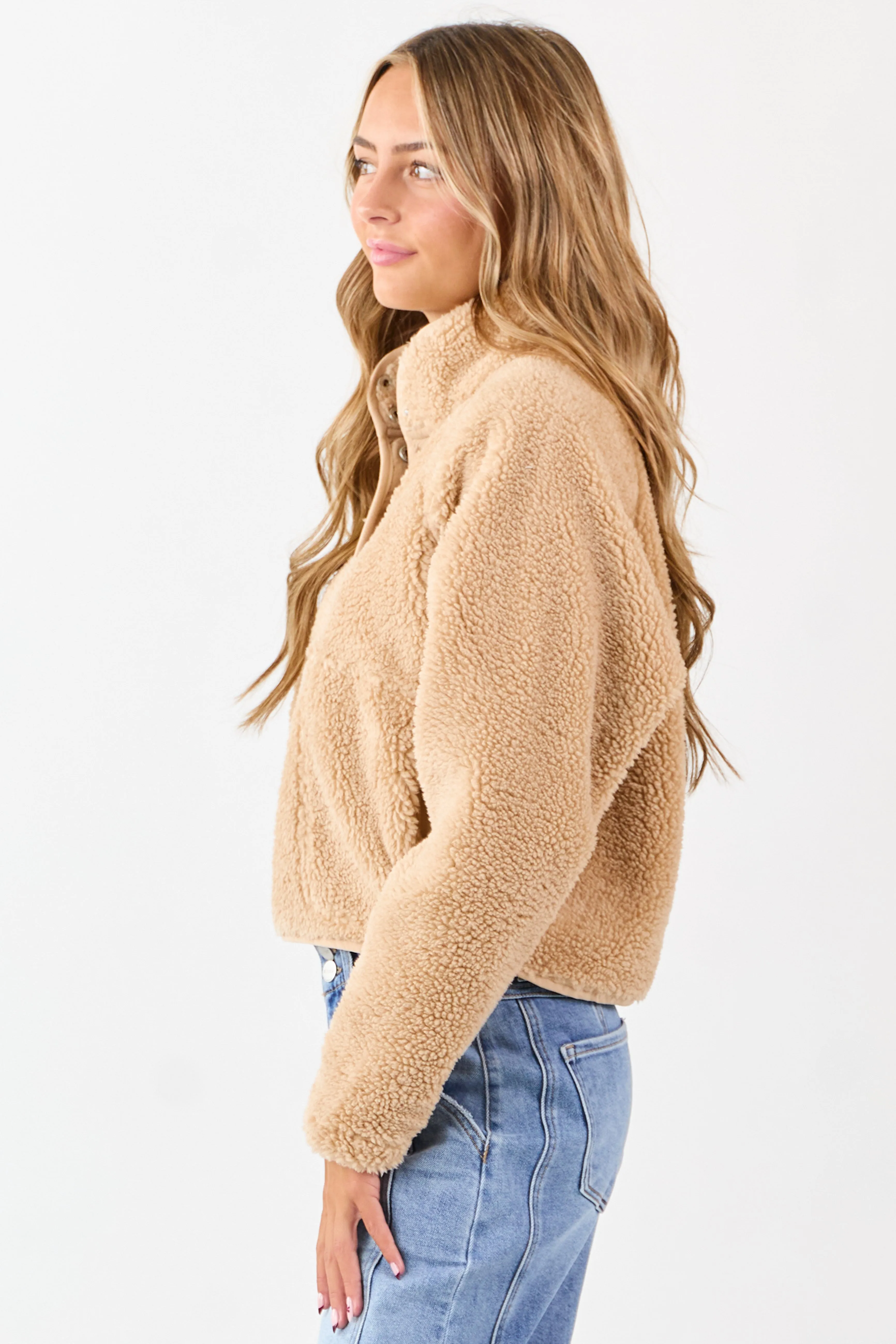 Beige Half Snap Button Sherpa Pullover Jacket sold by Lime Lush product image thumbnail 4