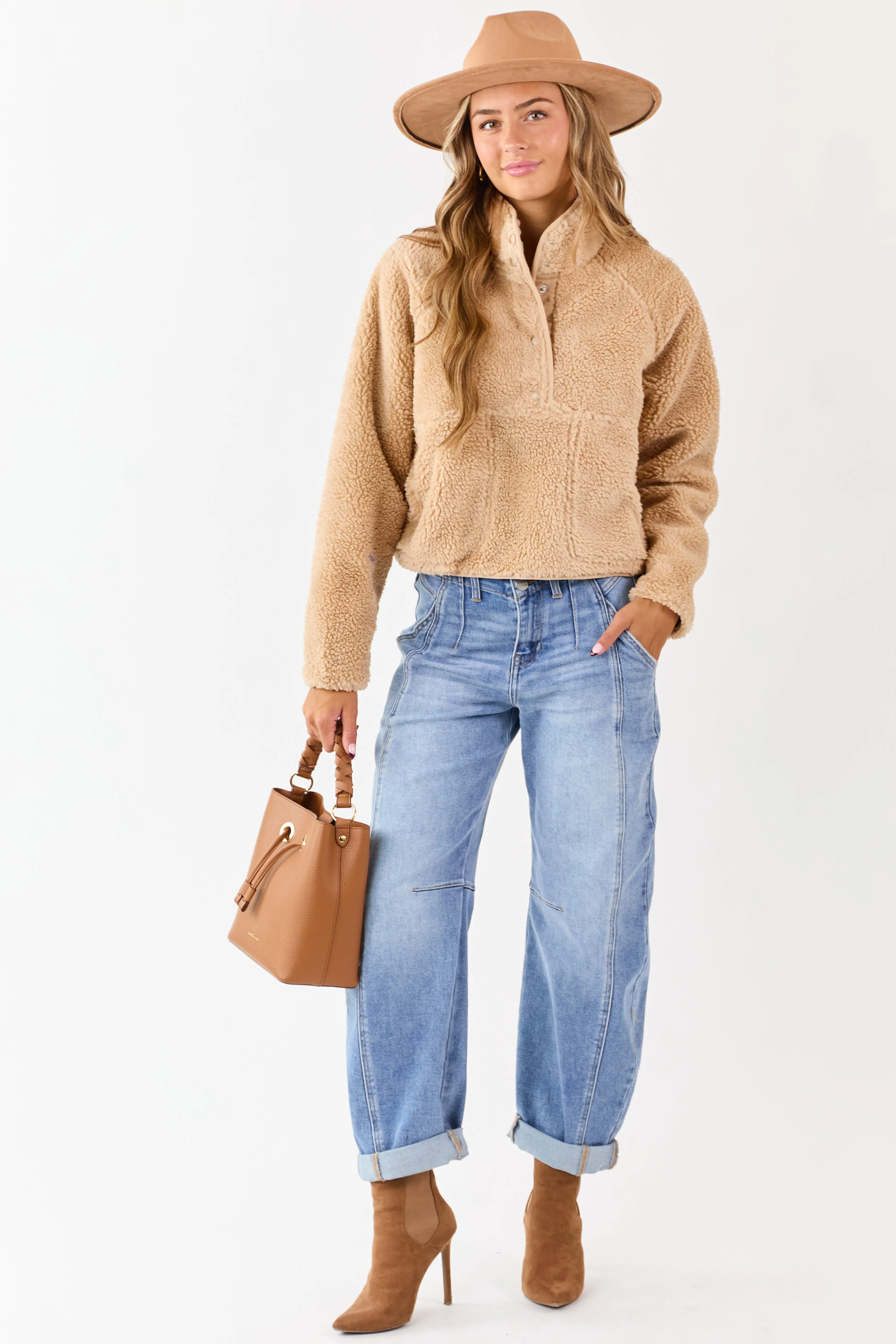 Beige Half Snap Button Sherpa Pullover Jacket sold by Lime Lush product image thumbnail 3