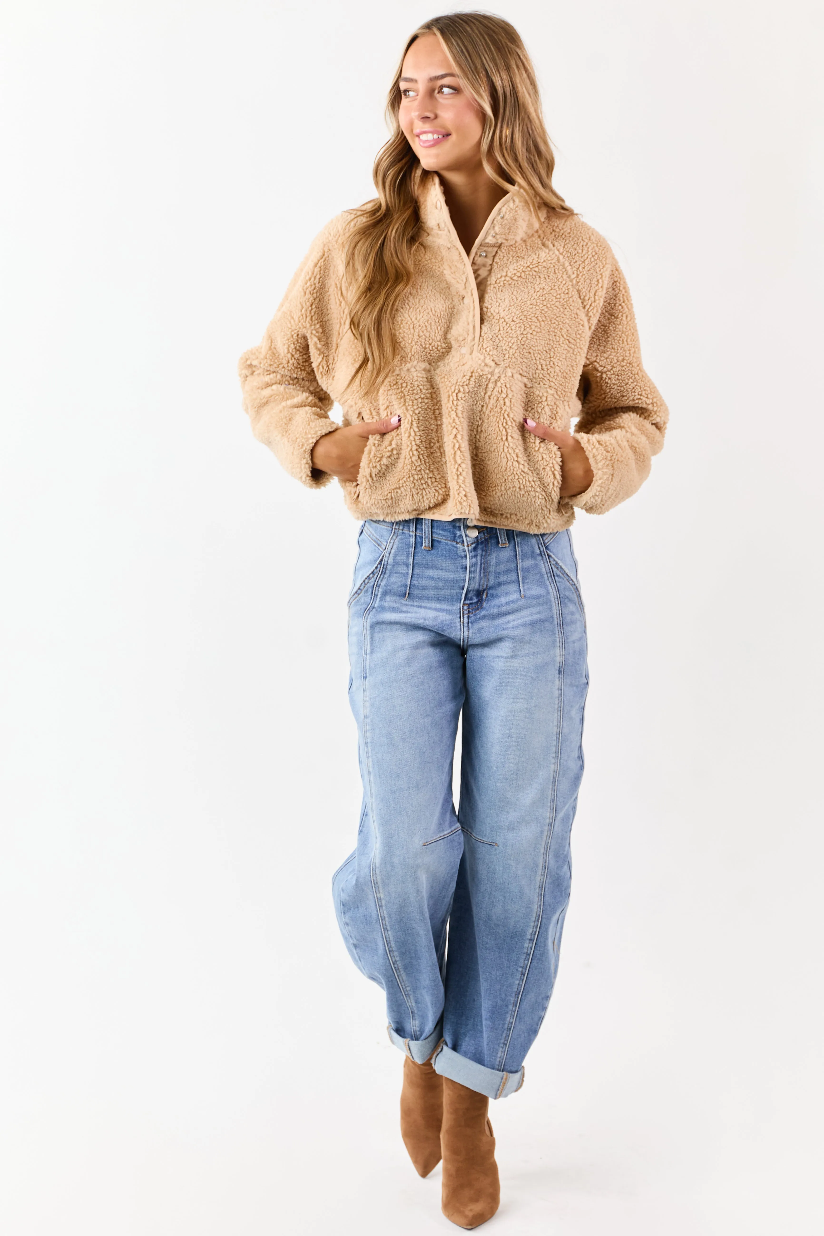 Beige Half Snap Button Sherpa Pullover Jacket sold by Lime Lush product image thumbnail 2