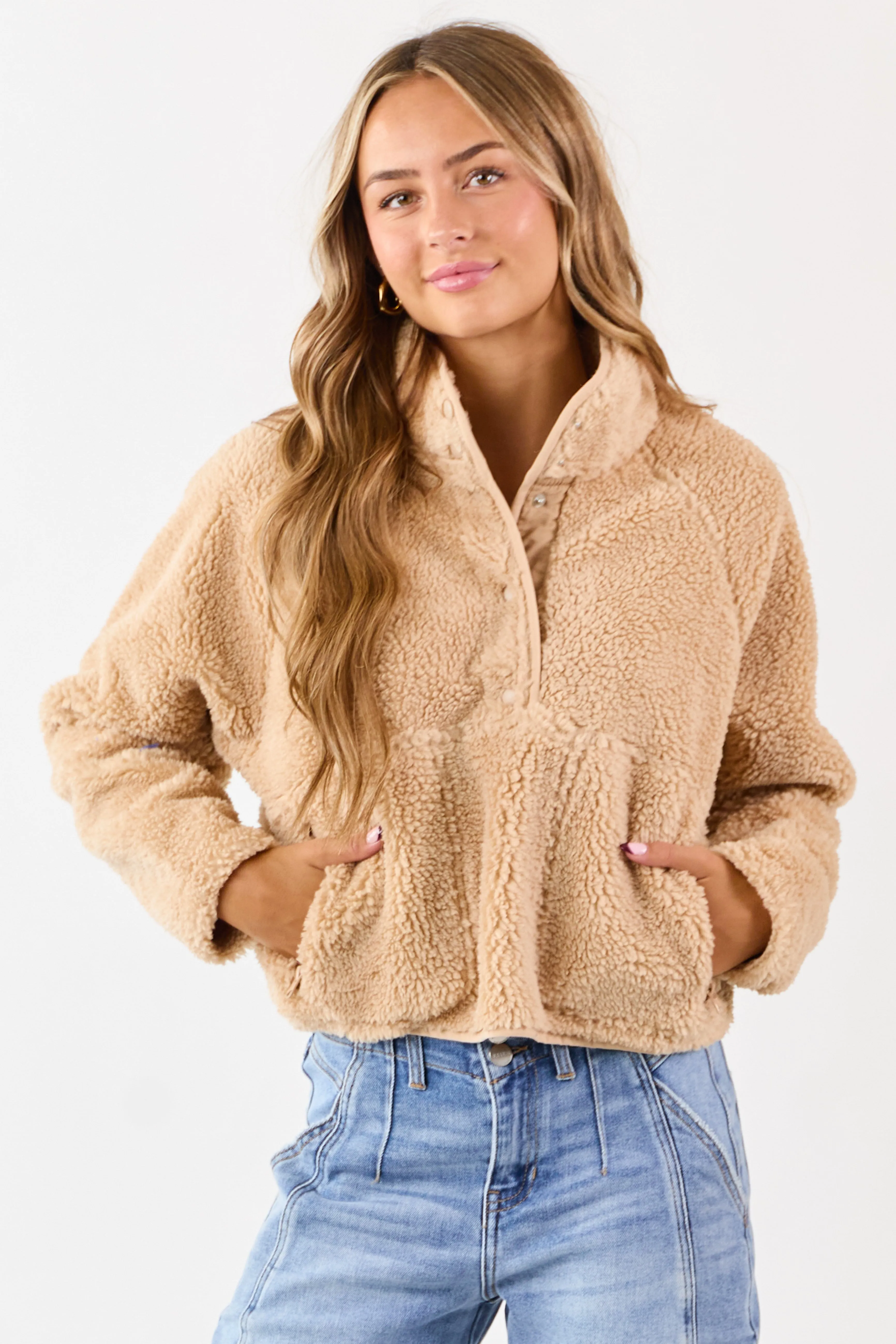 Beige Half Snap Button Sherpa Pullover Jacket sold by Lime Lush