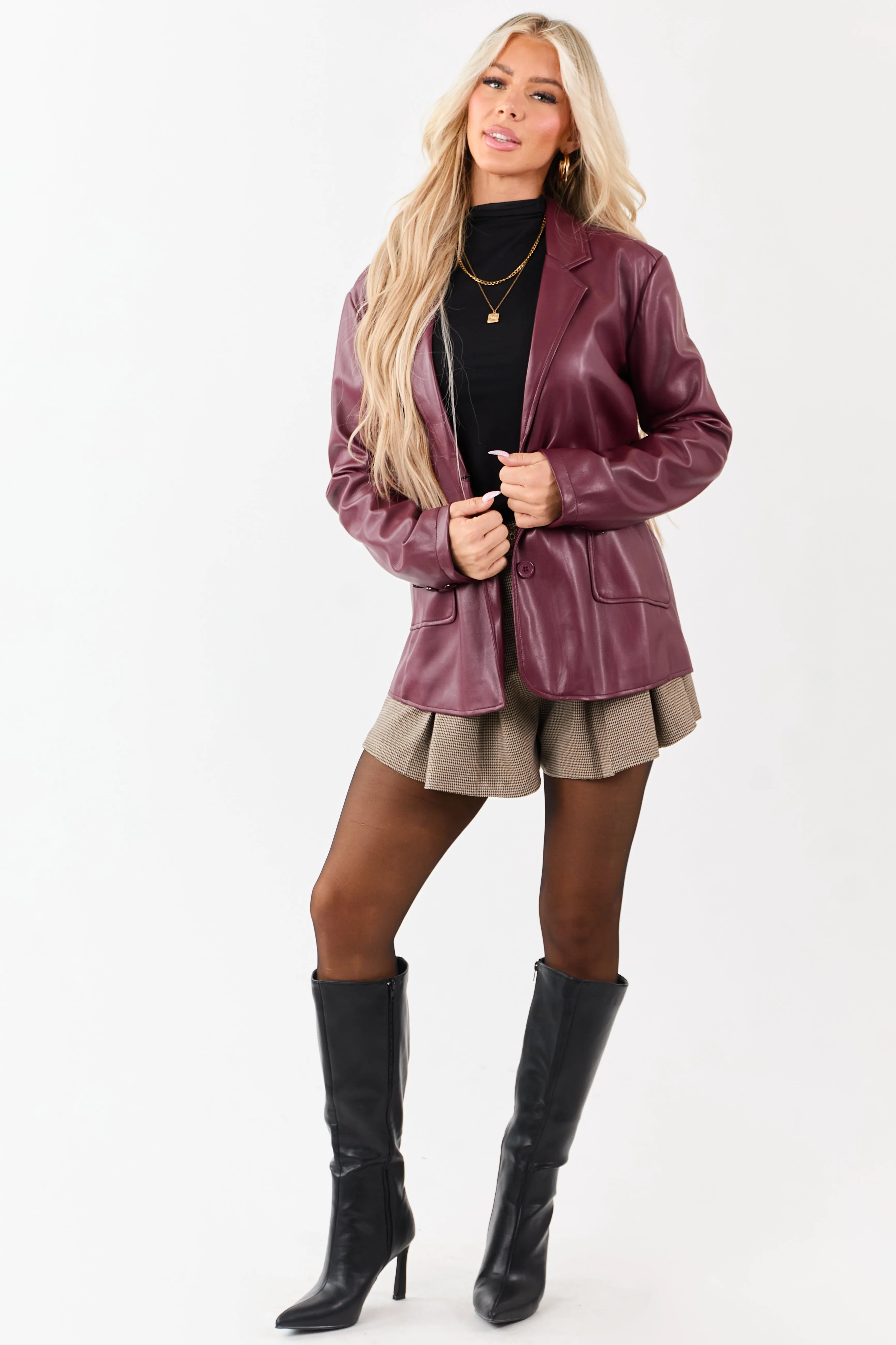 Maroon Collared Button Down Faux Leather Blazer sold by Lime Lush product image thumbnail 3