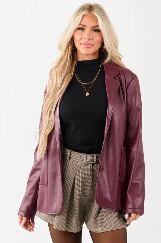 Maroon Collared Button Down Faux Leather Blazer sold by Lime Lush