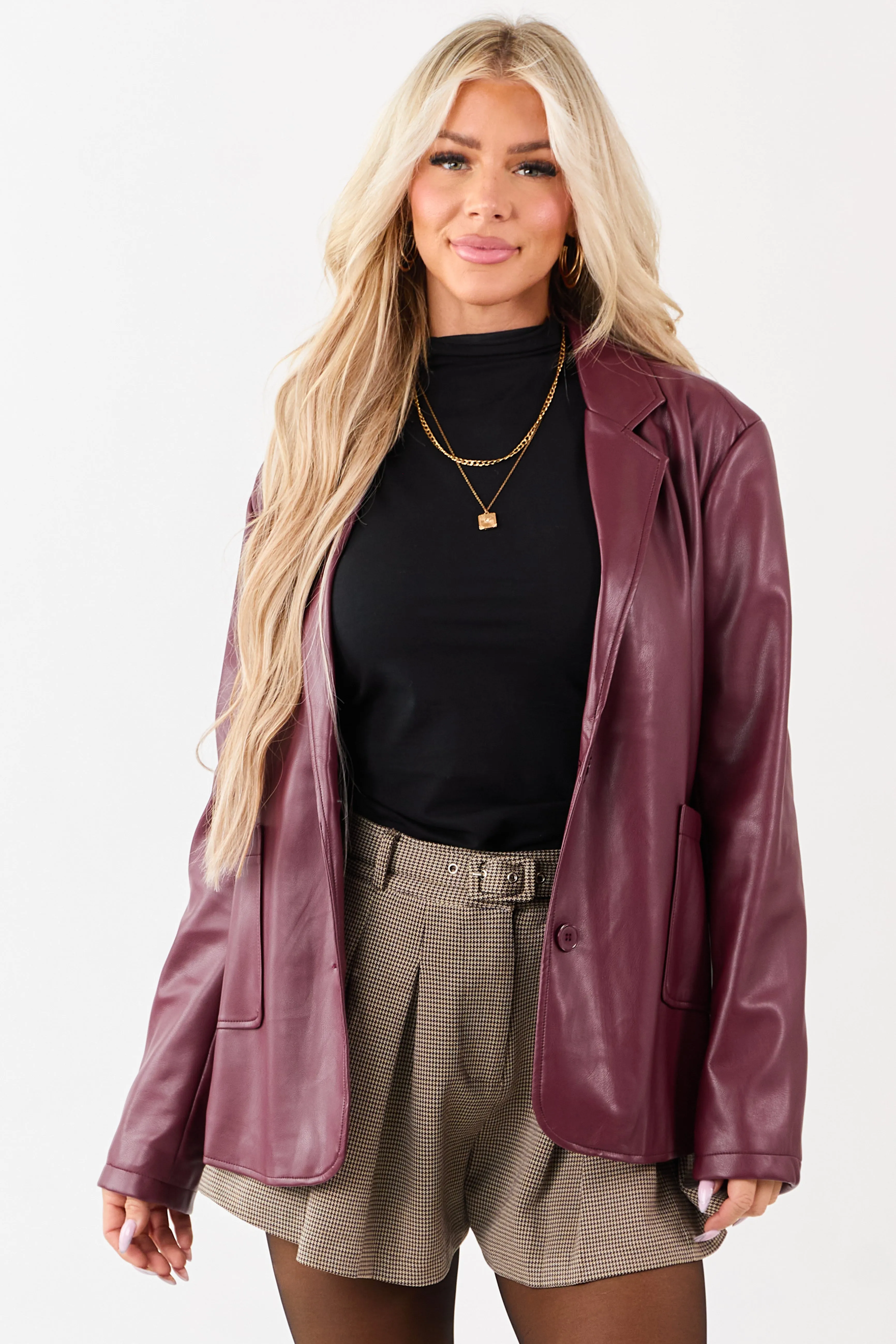 Maroon Collared Button Down Faux Leather Blazer sold by Lime Lush
