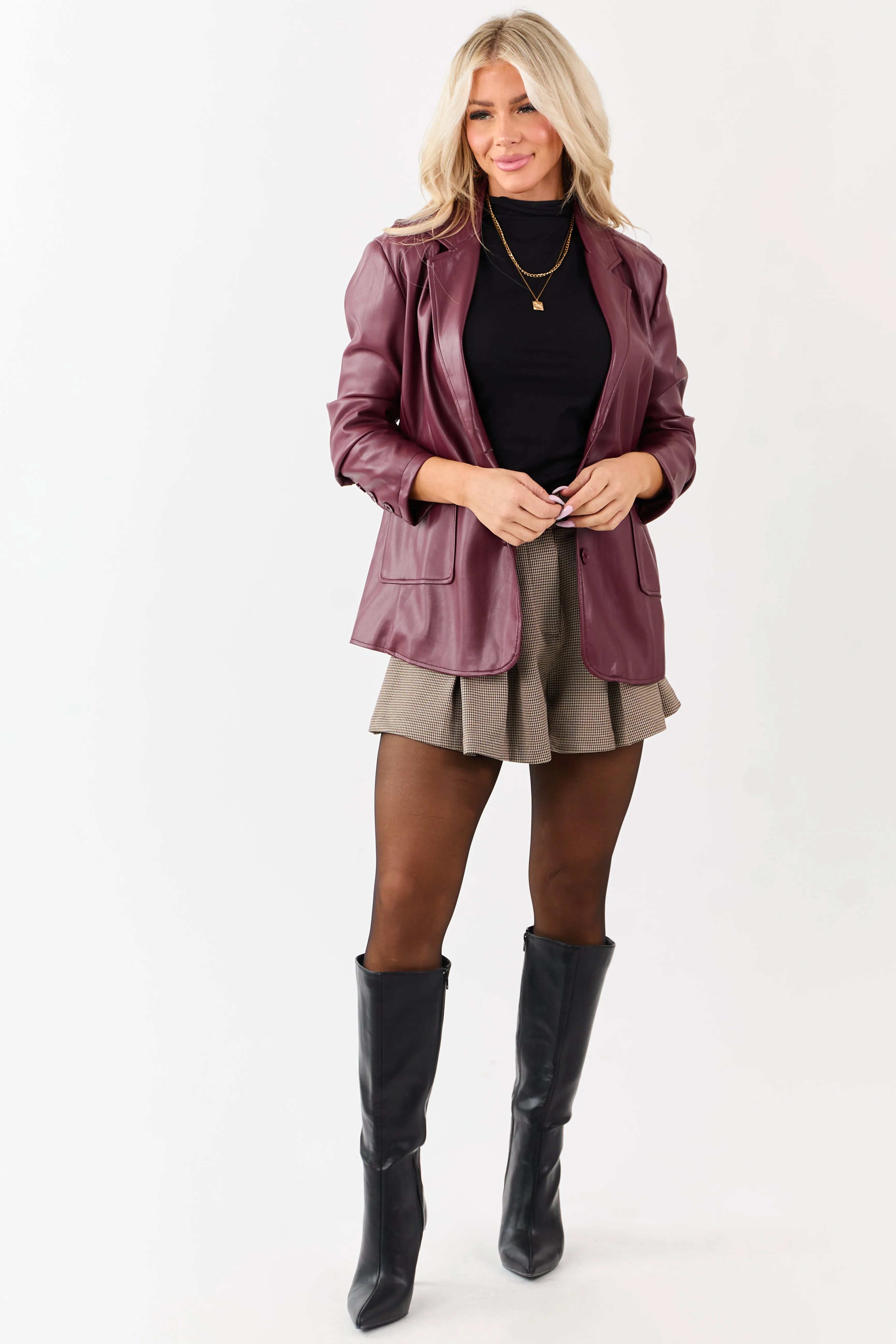 Maroon Collared Button Down Faux Leather Blazer sold by Lime Lush product image thumbnail 4