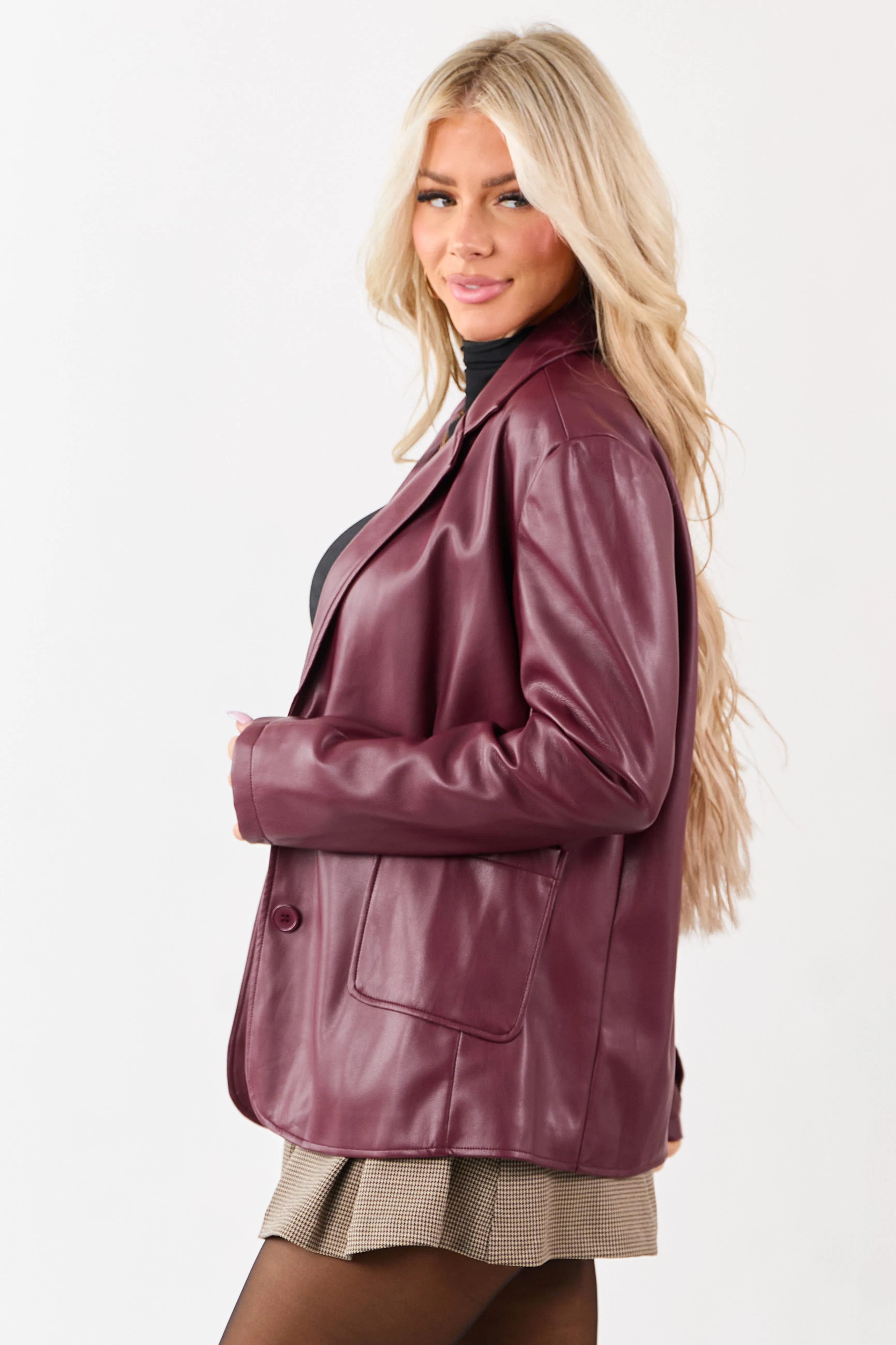Maroon Collared Button Down Faux Leather Blazer sold by Lime Lush product image thumbnail 5