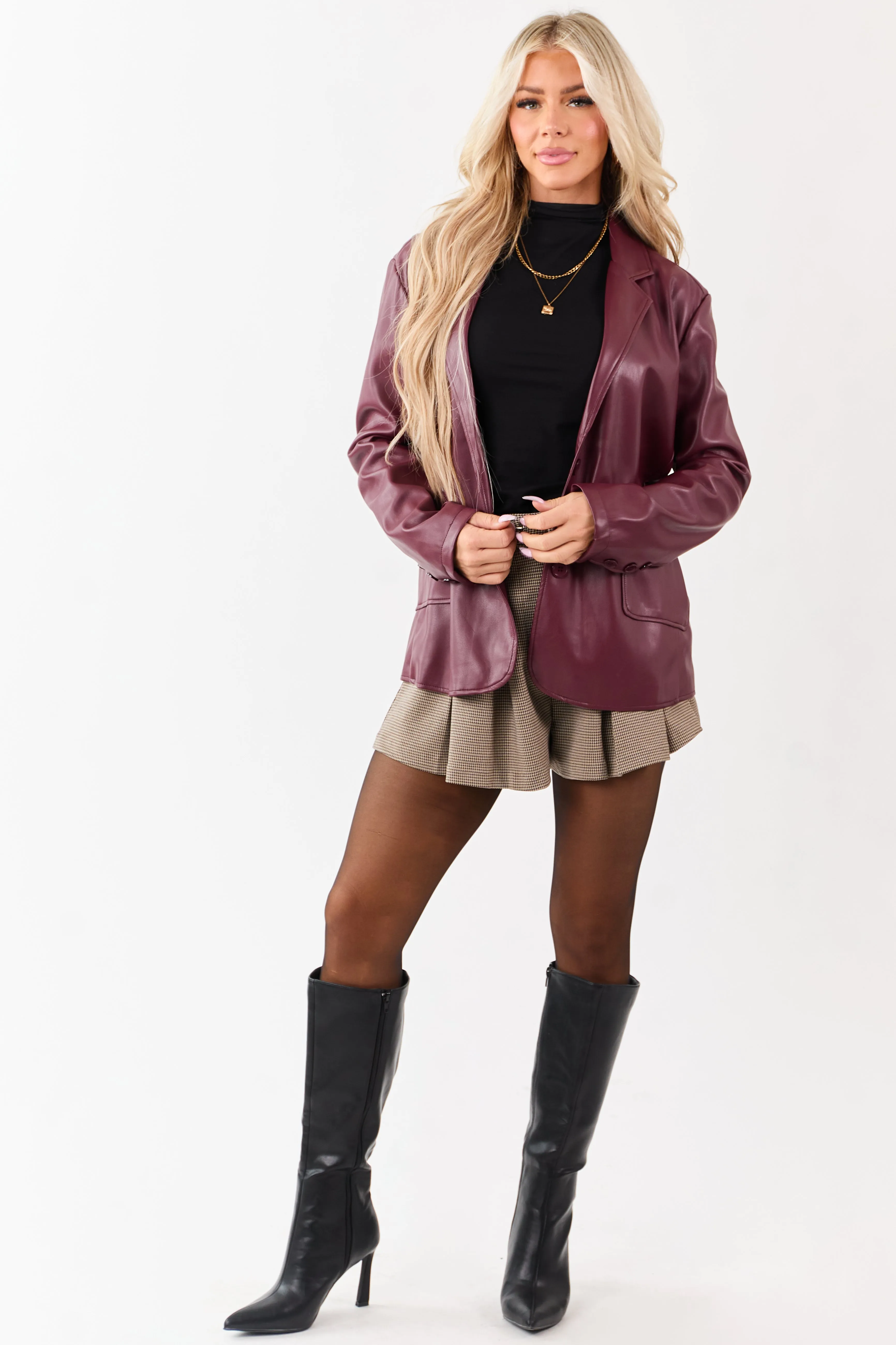 Maroon Collared Button Down Faux Leather Blazer sold by Lime Lush product image thumbnail 2