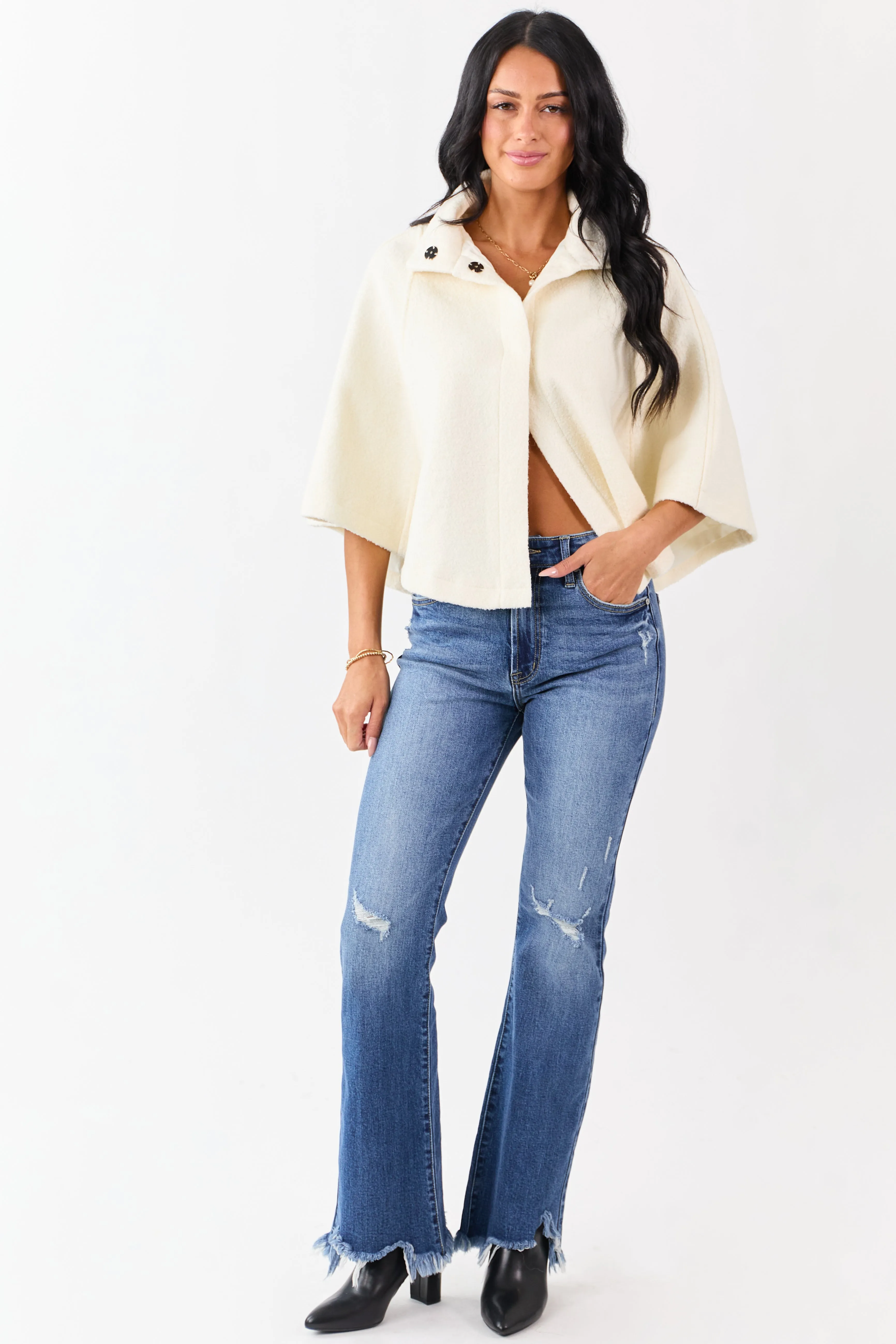 Lovelo Cream Wool Blend Snap Button Cape Jacket sold by Lime Lush product image thumbnail 4