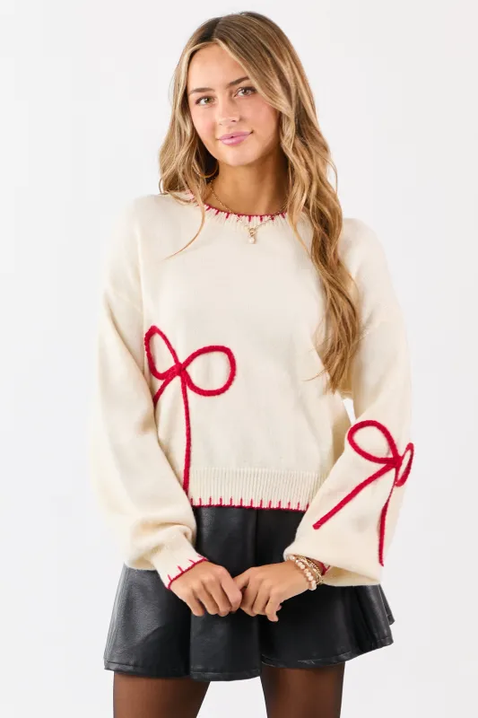 Cream Bow Applique Long Puff Sleeve Knit Sweater sold by Lime Lush