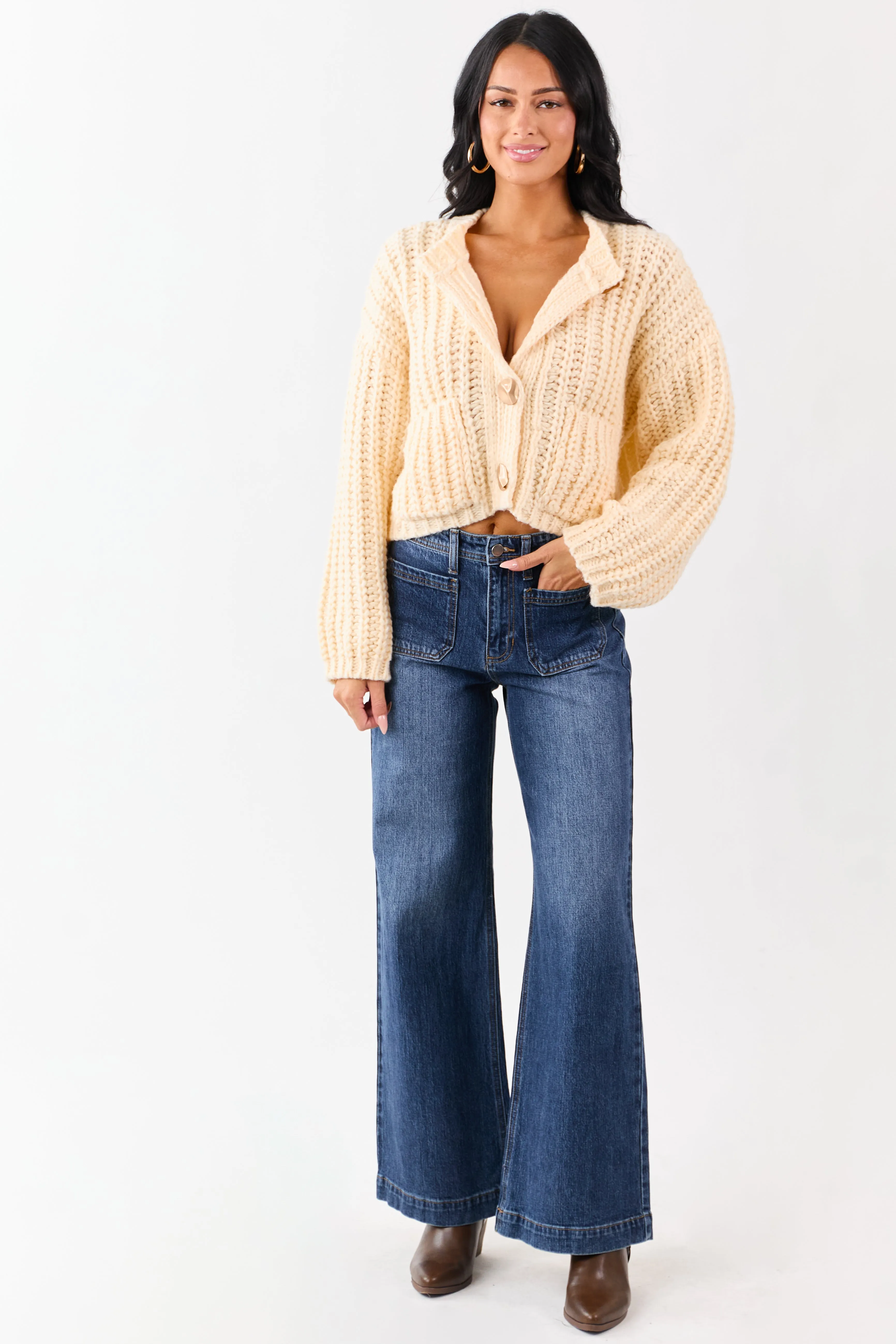 Cream Chunky Rib Knit Button Down Sweater Cardigan sold by Lime Lush product image thumbnail 4