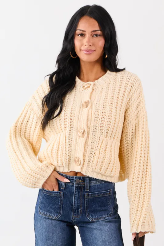 Cream Chunky Rib Knit Button Down Sweater Cardigan sold by Lime Lush
