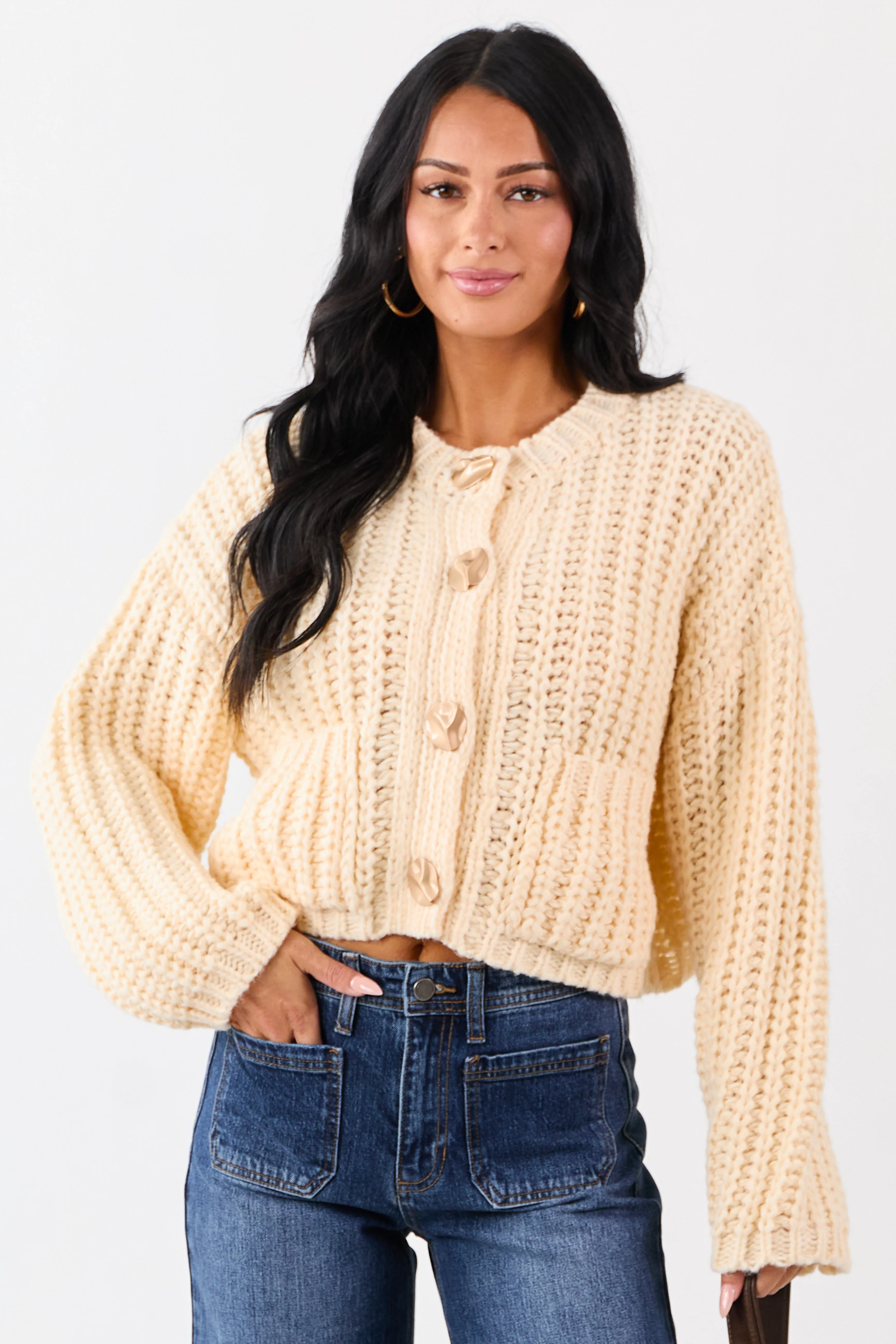 Cream Chunky Rib Knit Button Down Sweater Cardigan sold by Lime Lush