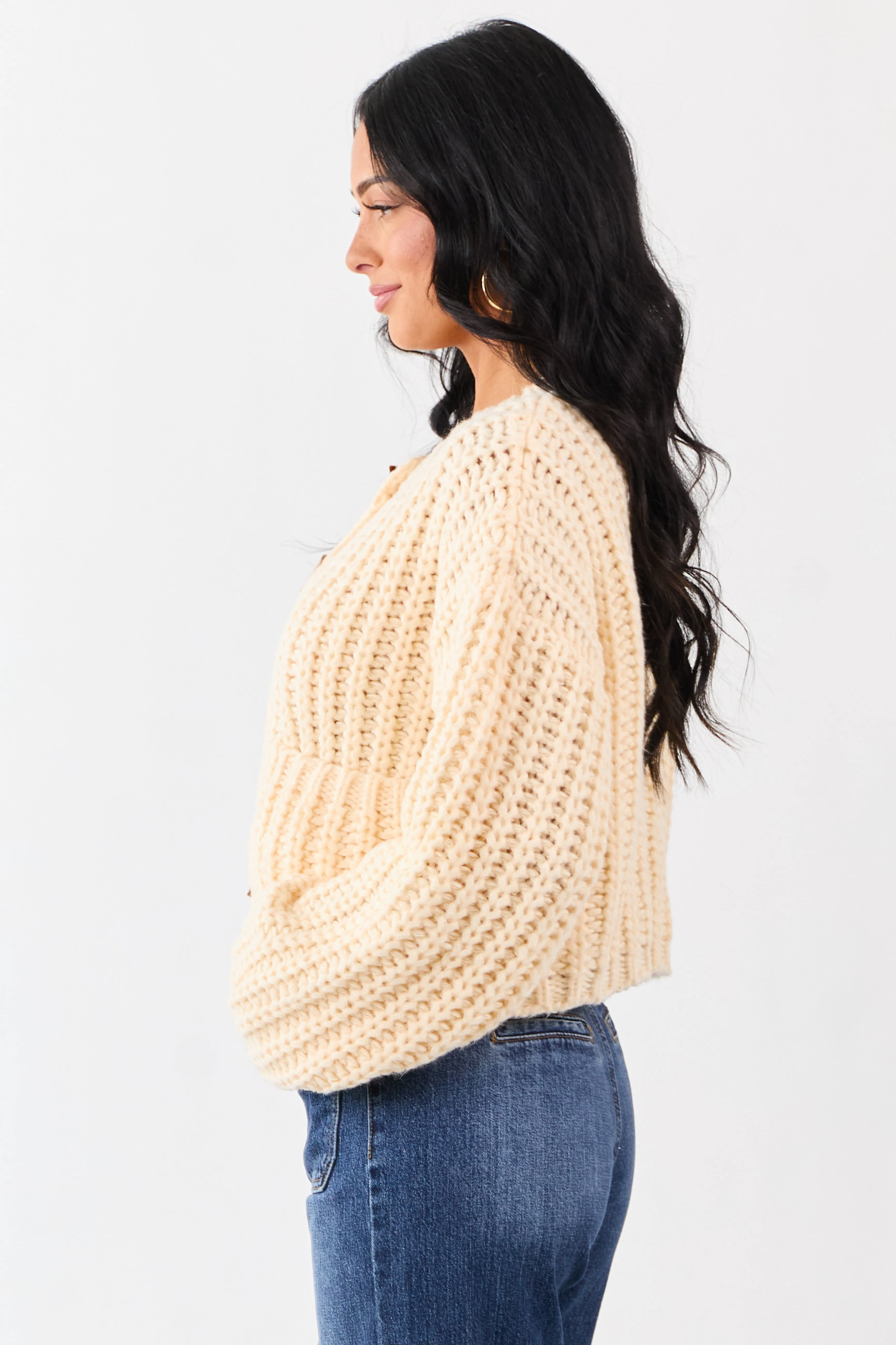 Cream Chunky Rib Knit Button Down Sweater Cardigan sold by Lime Lush product image thumbnail 5