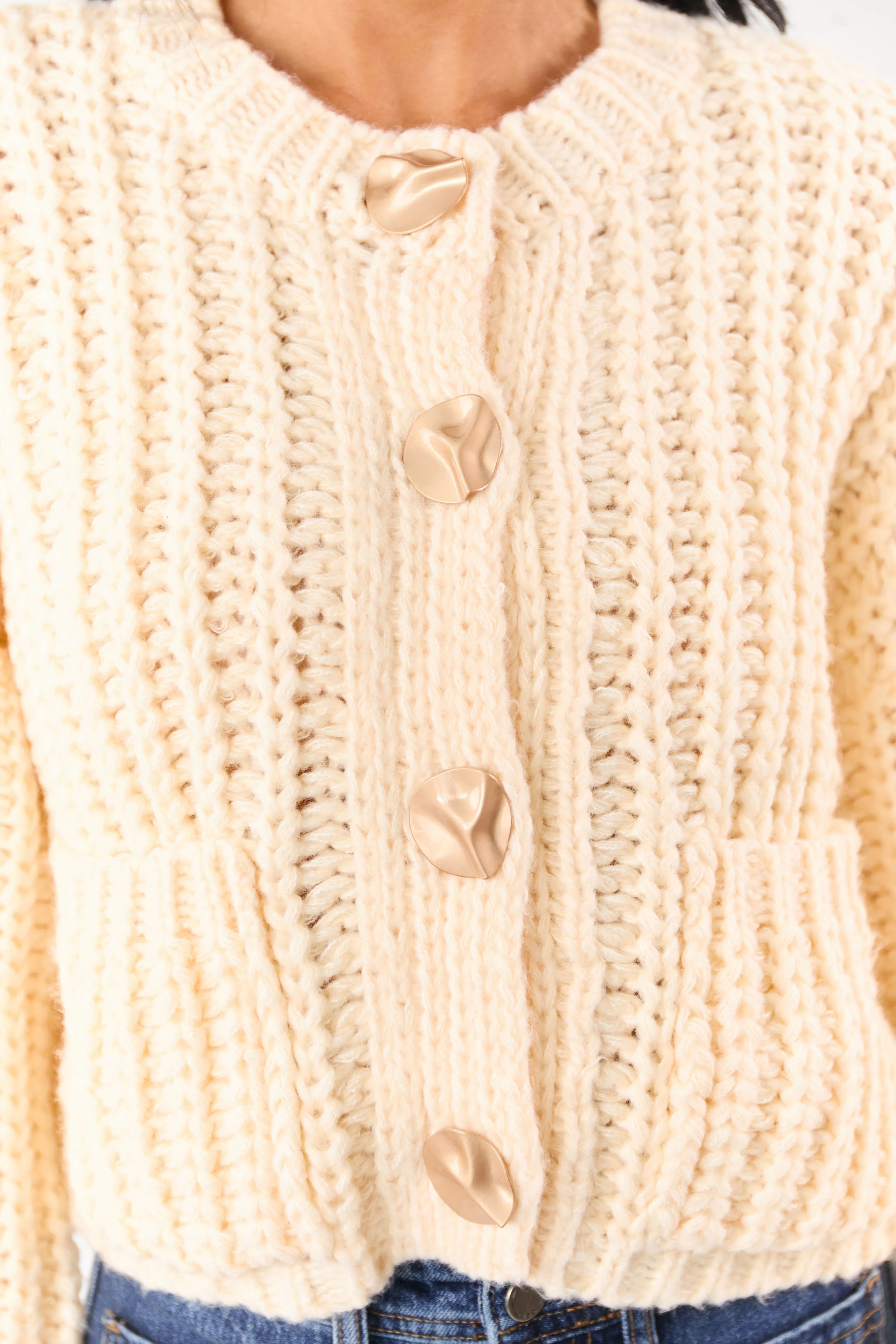 Cream Chunky Rib Knit Button Down Sweater Cardigan sold by Lime Lush product image thumbnail 2