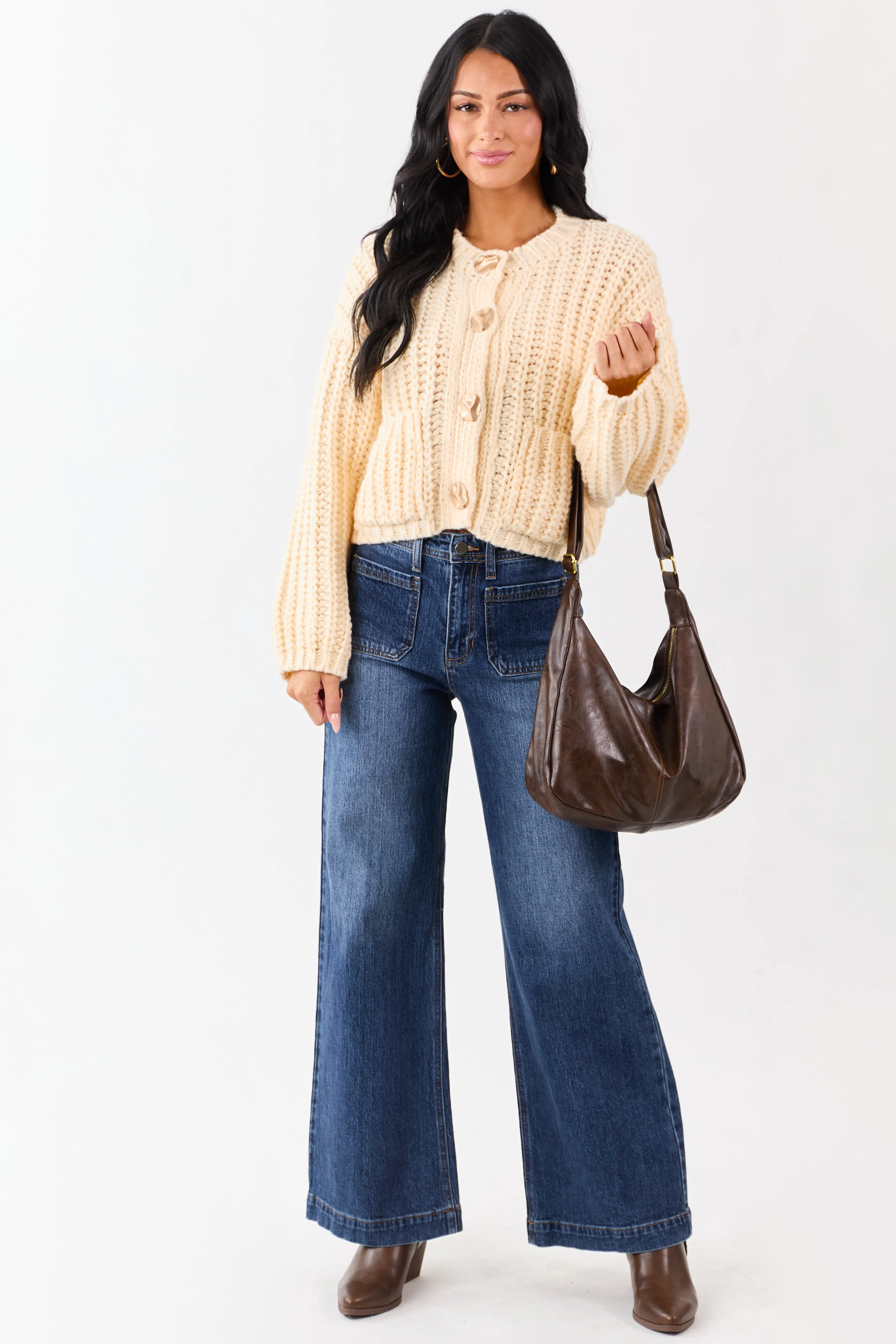 Cream Chunky Rib Knit Button Down Sweater Cardigan sold by Lime Lush product image thumbnail 3