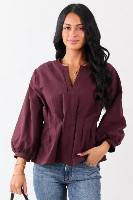 Entro Chocolate V-Neck Long Sleeve Pleated Top sold by Lime Lush