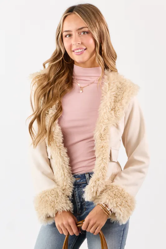 Coconut Faux Suede Faux Fur Trimmed Jacket sold by Lime Lush
