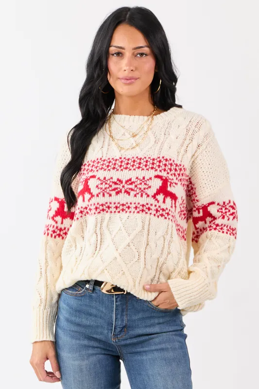 Cream Fair Isle Holiday Pattern Cable Knit Sweater sold by Lime Lush