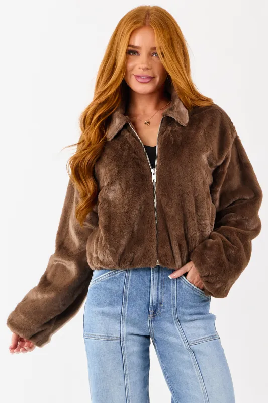 Coffee Faux Fur Collared Zip Up Jacket with Pockets sold by Lime Lush