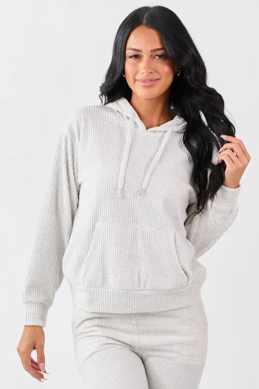 Cloud Grey Rib Knit Drawstring Hooded Sweatshirt sold by Lime Lush
