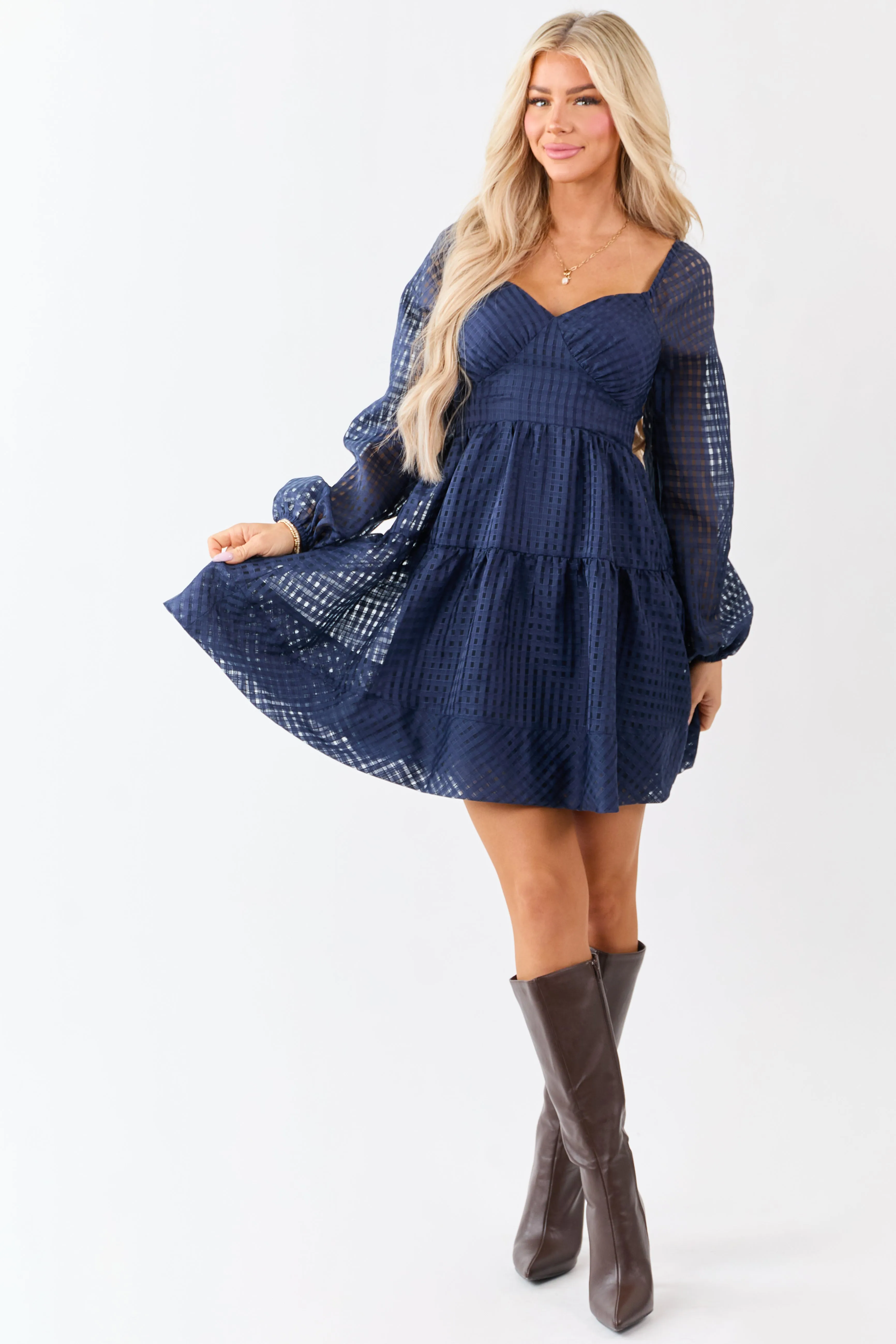Navy Grid Pattern Sweetheart Neck Mini Dress sold by Lime Lush product image thumbnail 2