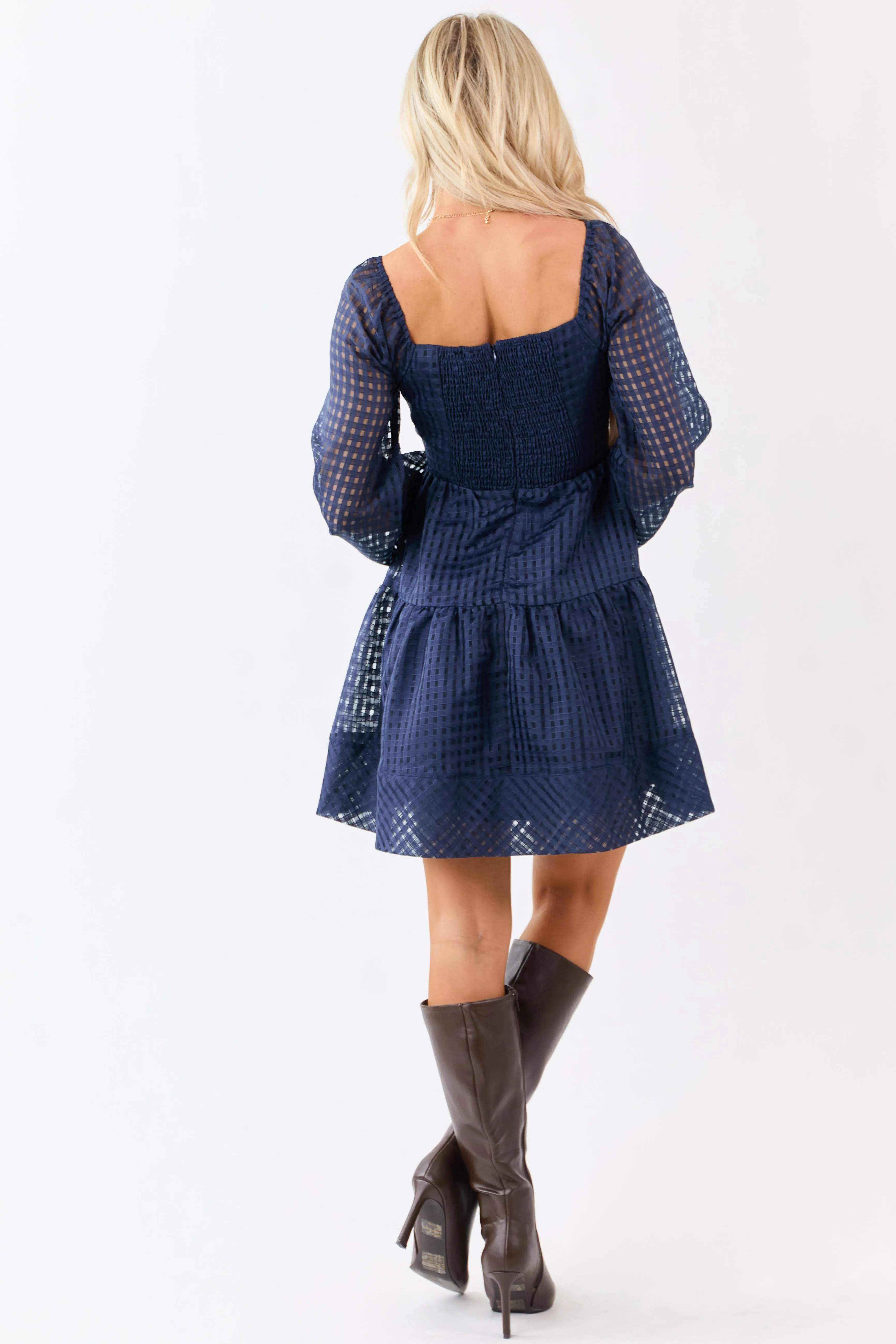 Navy Grid Pattern Sweetheart Neck Mini Dress sold by Lime Lush product image thumbnail 5