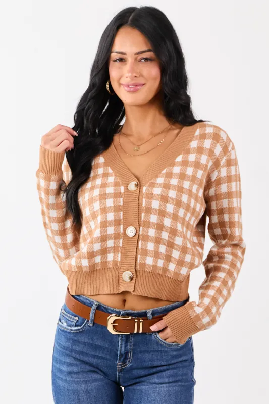 Copper Checkered Button Down Cropped Cardigan sold by Lime Lush