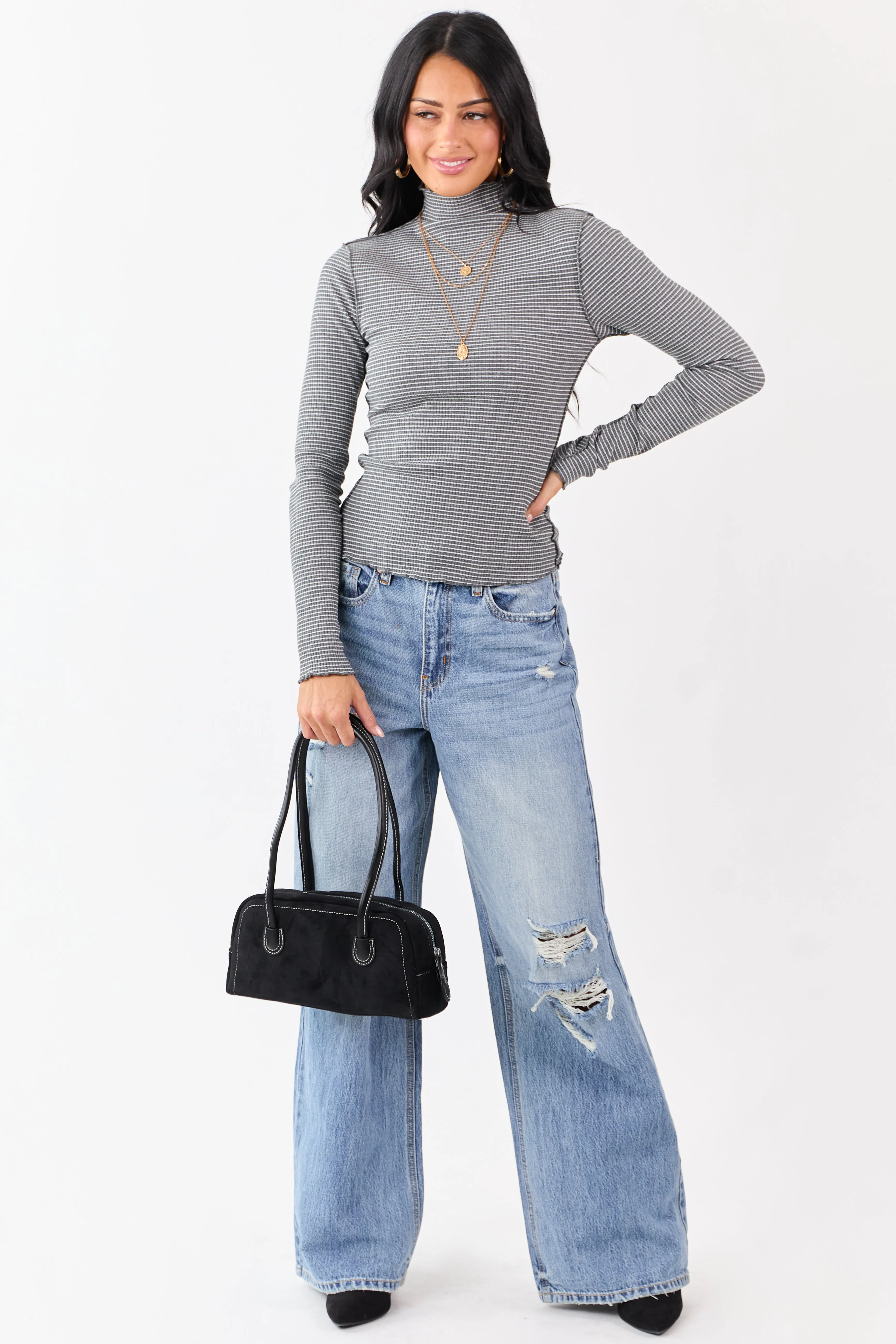 Graphite Striped Ribbed Knit Long Sleeve Mock Neck Top sold by Lime Lush product image thumbnail 2