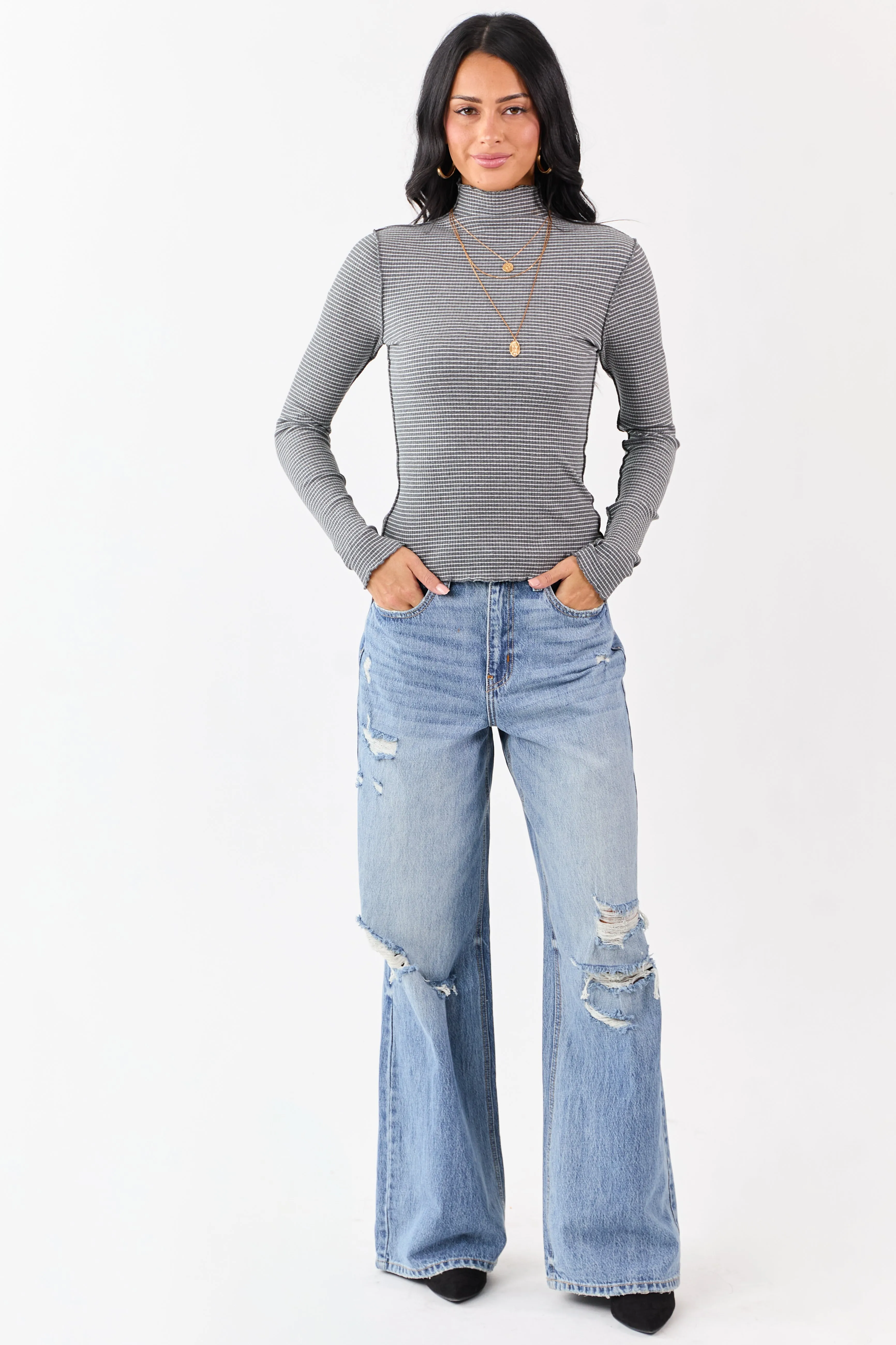 Graphite Striped Ribbed Knit Long Sleeve Mock Neck Top sold by Lime Lush product image thumbnail 3