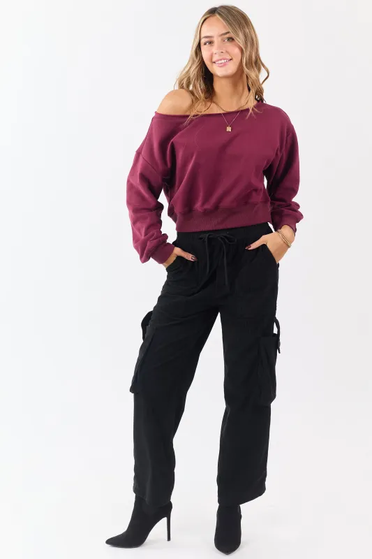 Black Corduroy Drawstring Waist Cargo Pants sold by Lime Lush