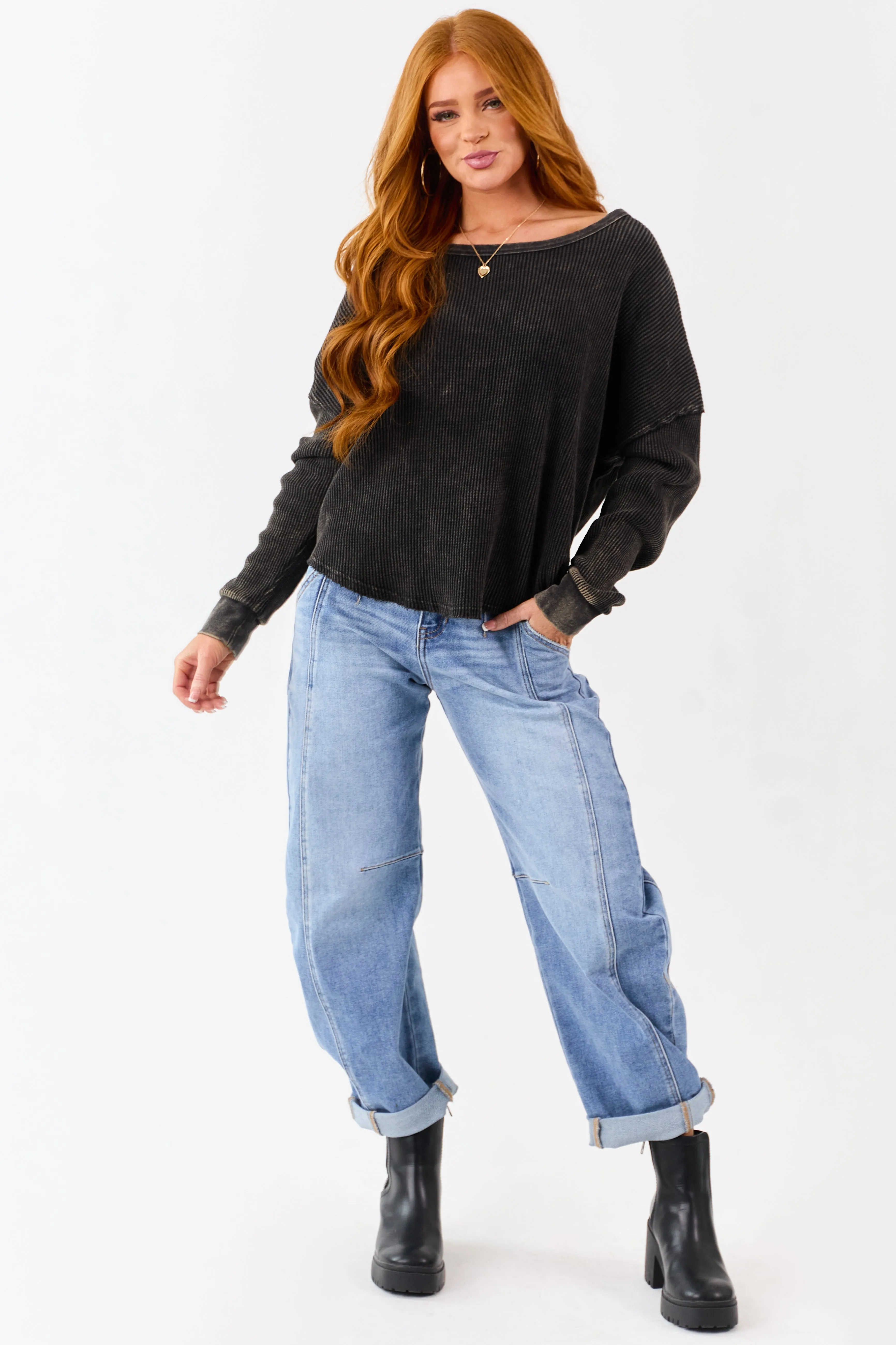 Charcoal Vintage Washed Waffle Knit Boxy Cotton Top sold by Lime Lush product image thumbnail 2