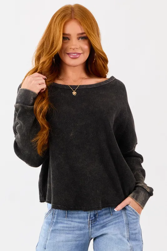 Charcoal Vintage Washed Waffle Knit Boxy Cotton Top sold by Lime Lush