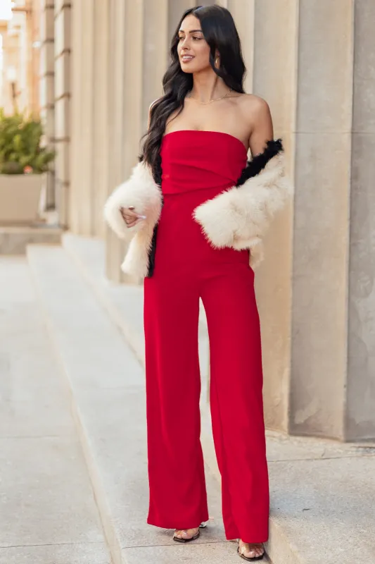 Lipstick Strapless Pleated Wide Leg Knit Jumpsuit sold by Lime Lush
