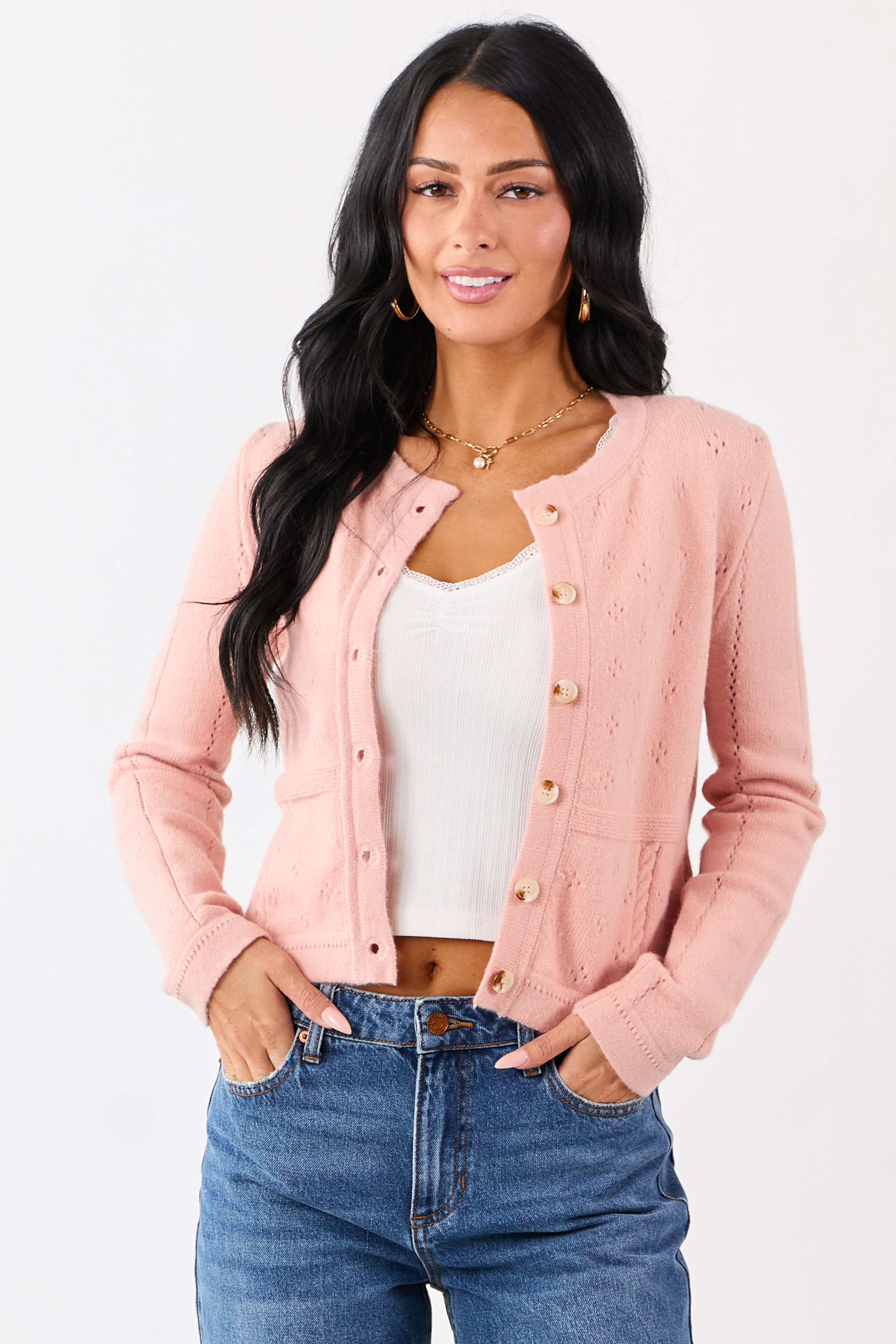 Watermelon Pointelle Button Down Long Sleeve Cardigan sold by Lime Lush