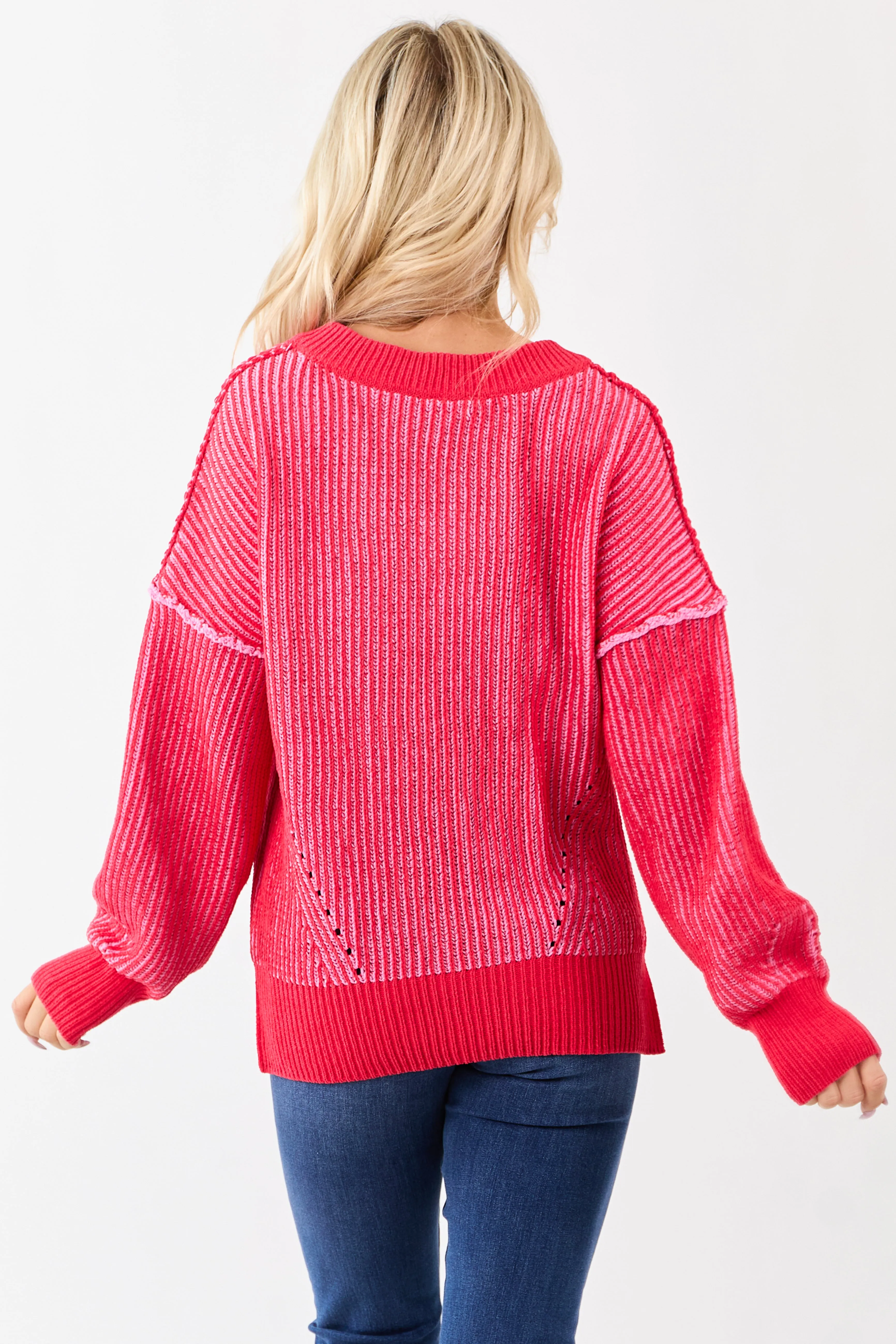 Crimson and Carnation Two Tone Ribbed Knit Sweater sold by Lime Lush product image thumbnail 5