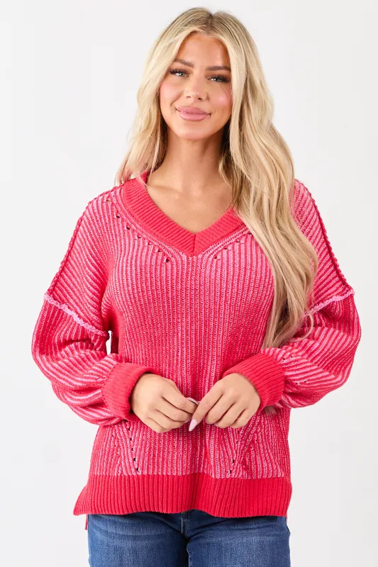 Crimson and Carnation Two Tone Ribbed Knit Sweater sold by Lime Lush