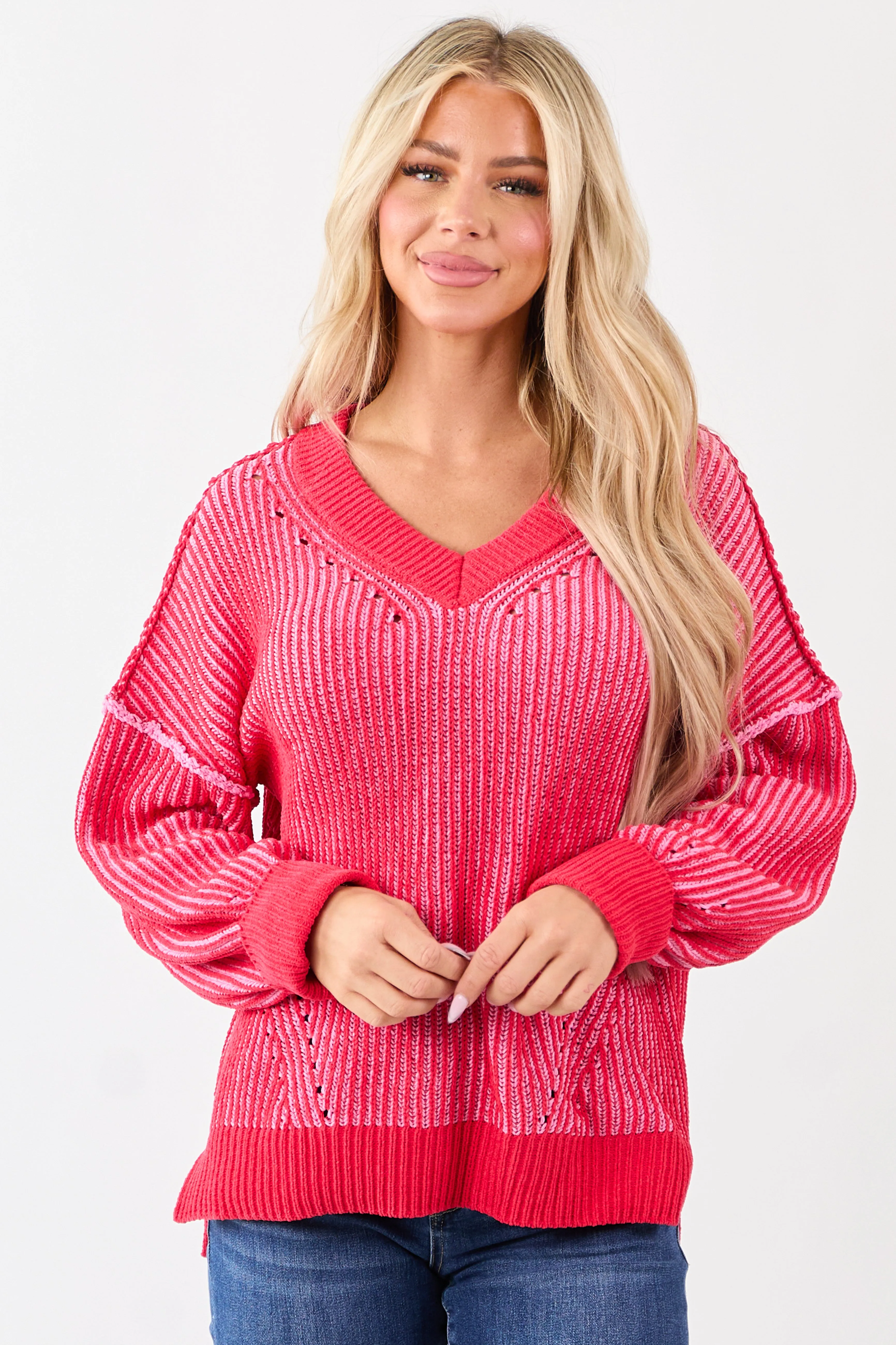 Crimson and Carnation Two Tone Ribbed Knit Sweater sold by Lime Lush
