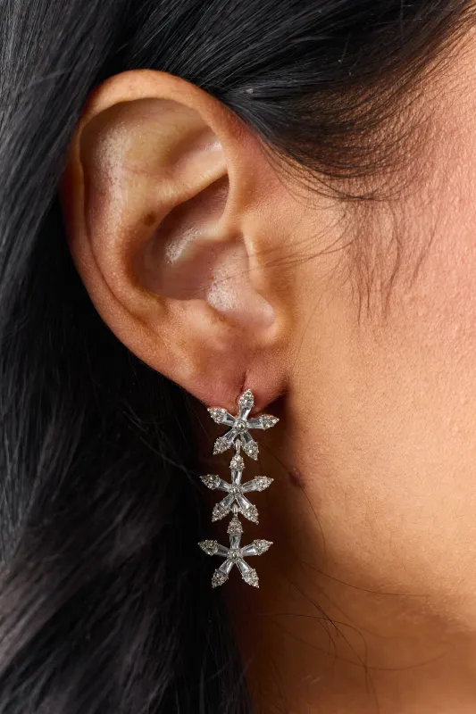 Silver Metallic Rhinestone Flower Dangle Earrings sold by Lime Lush