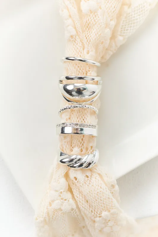 Silver Metallic Assorted 5 Piece Ring Set sold by Lime Lush