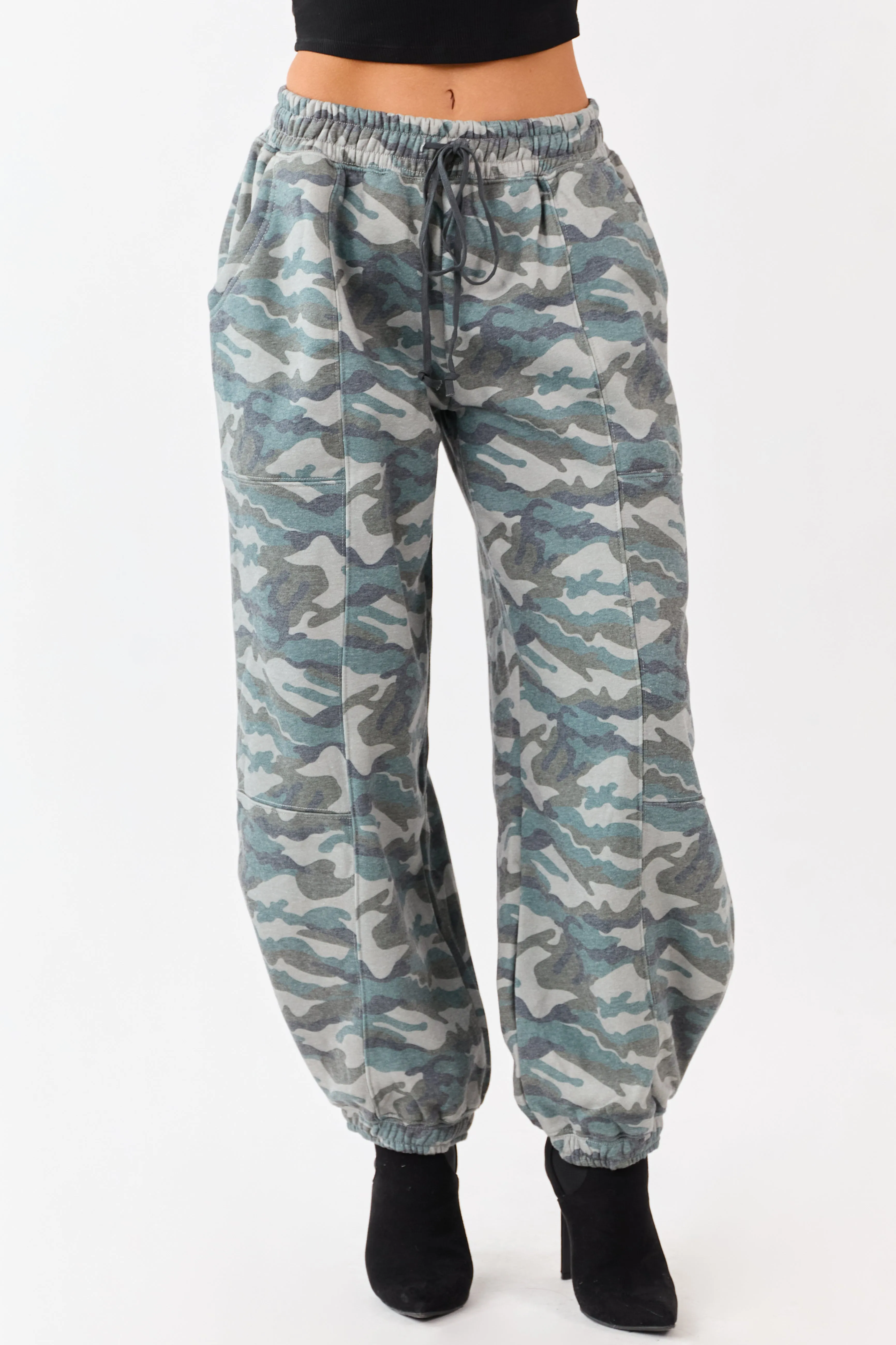 Sage Camo Print Barrel Drawstring Jogger Sweatpants sold by Lime Lush product image thumbnail 3
