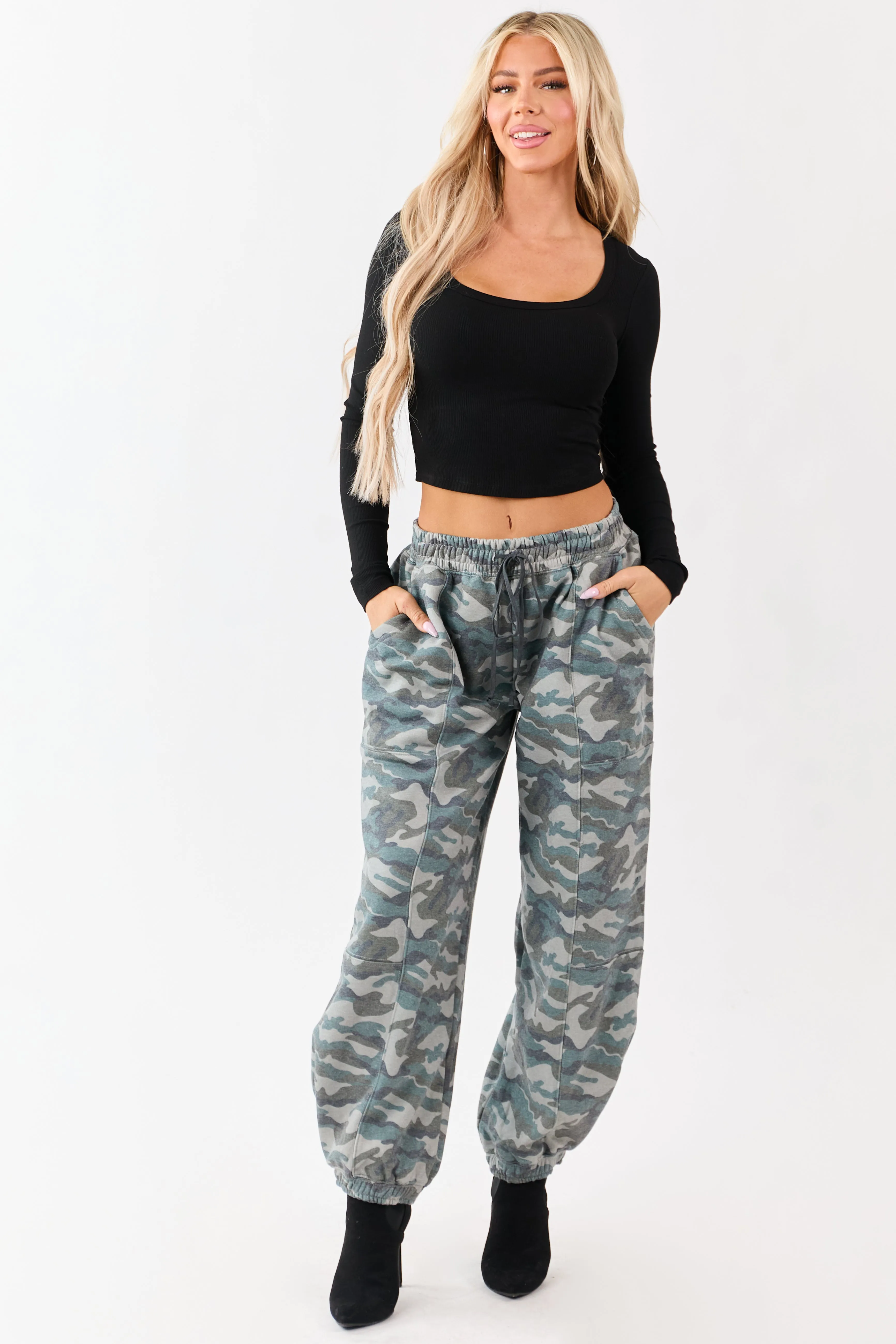 Sage Camo Print Barrel Drawstring Jogger Sweatpants sold by Lime Lush product image thumbnail 2