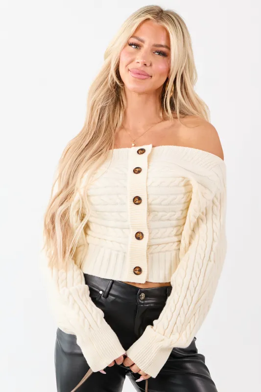 Cream Cable Knit Boatneck Cropped Cardigan sold by Lime Lush