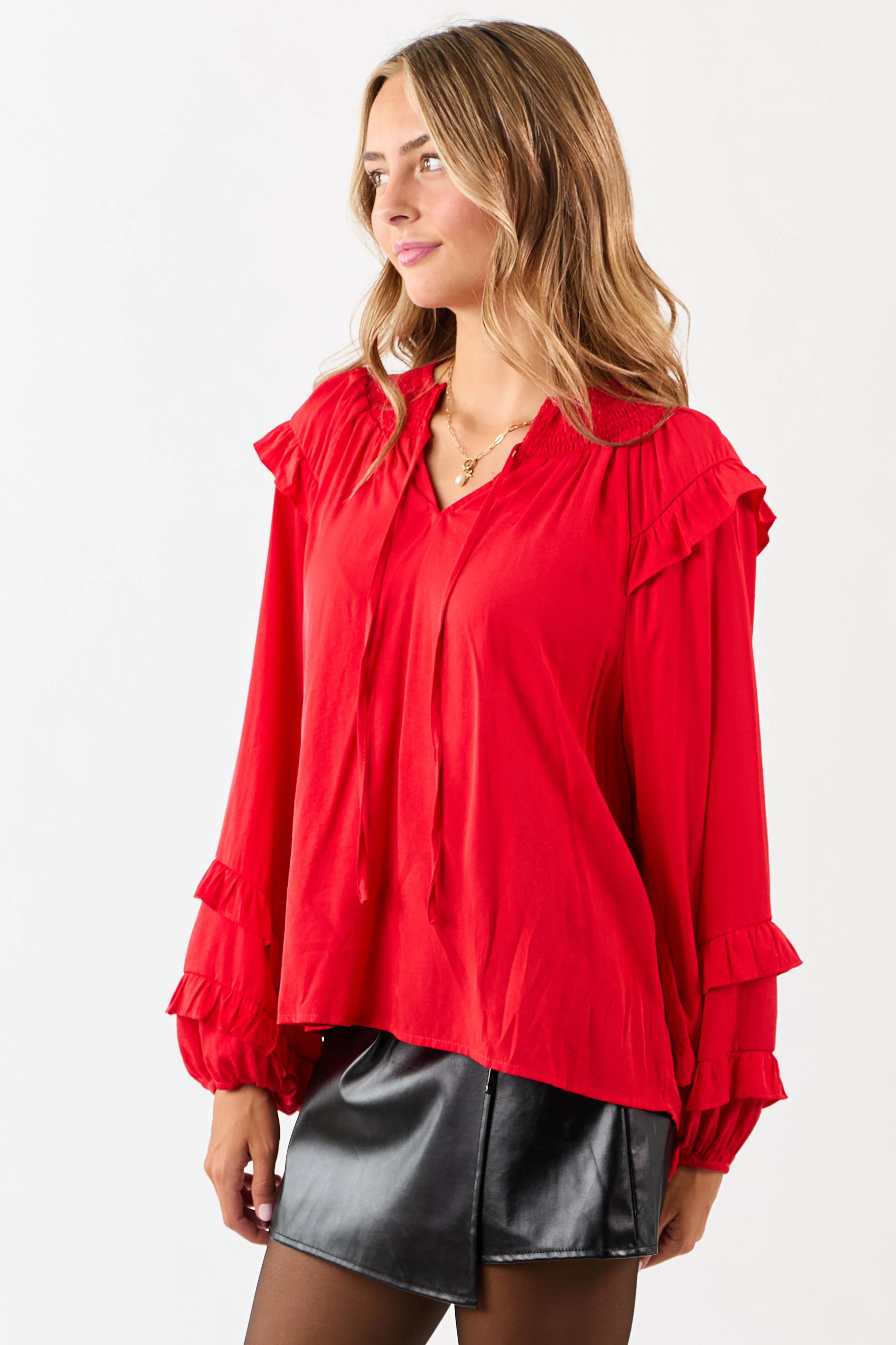 Lipstick Smocked Neck Ruffle Accent Long Sleeve Top sold by Lime Lush product image thumbnail 5