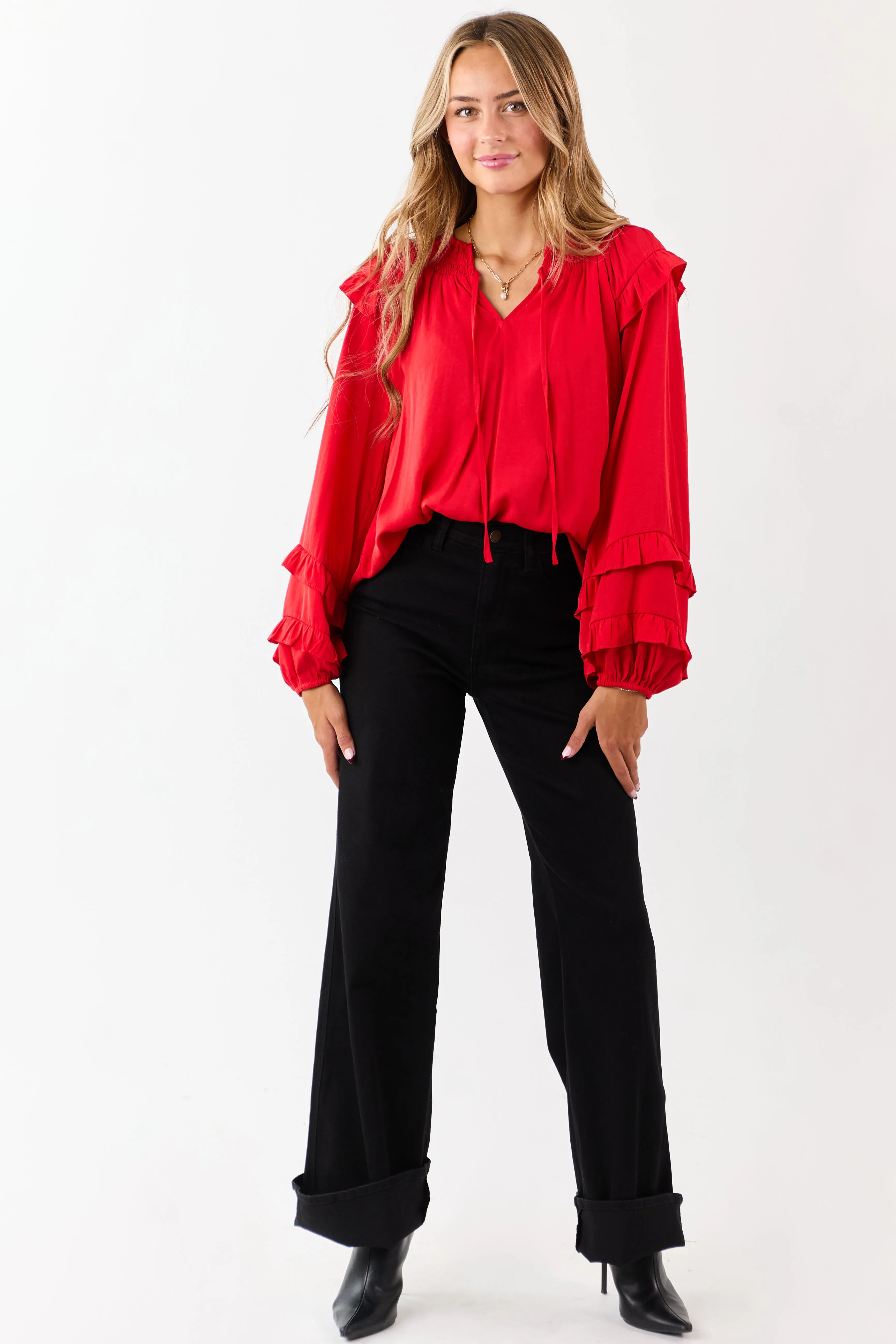 Lipstick Smocked Neck Ruffle Accent Long Sleeve Top sold by Lime Lush product image thumbnail 3